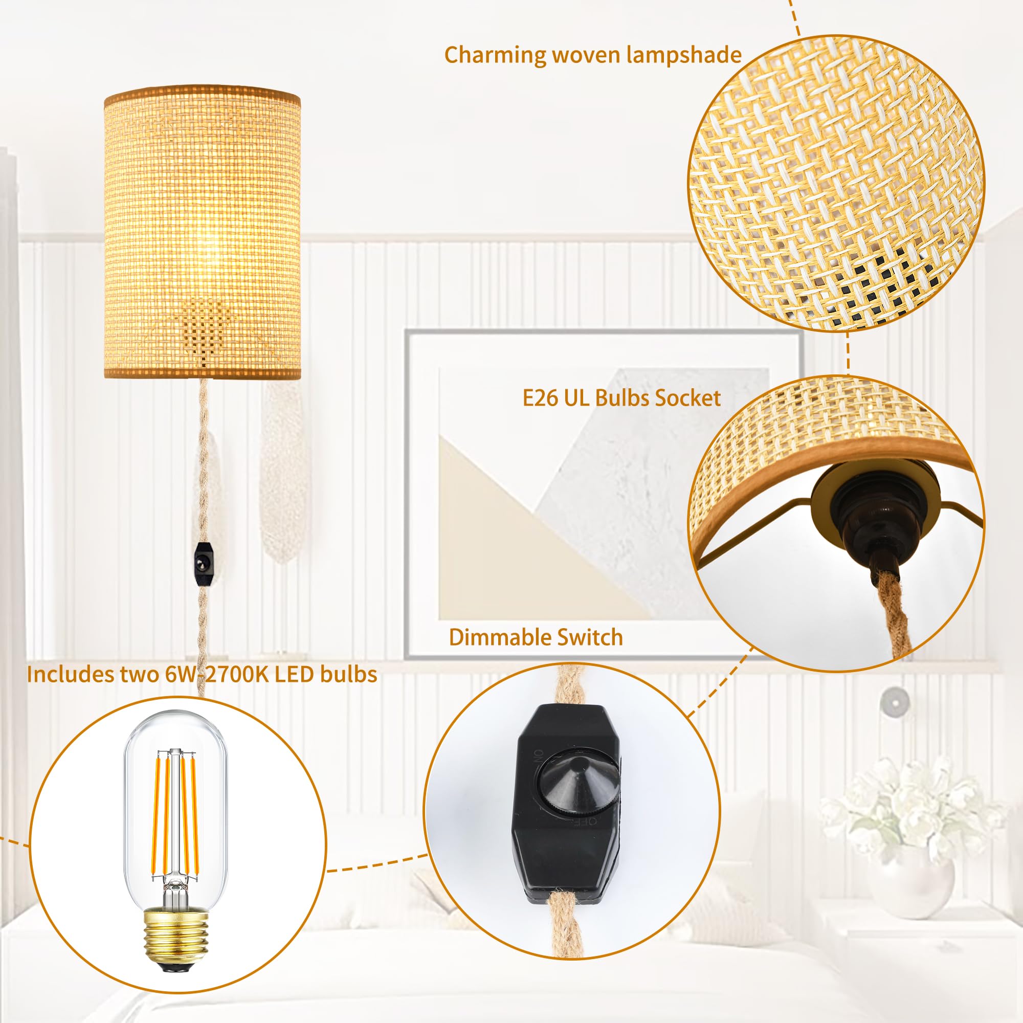 Wall Sconces Set of Two, Plug in Wall Sconces,Rattan Lampshade,Wall Lamp with Plug in Cord and Dimmable Switch,Wall Lights Fixtures for Bedroom Living Room Hallway.