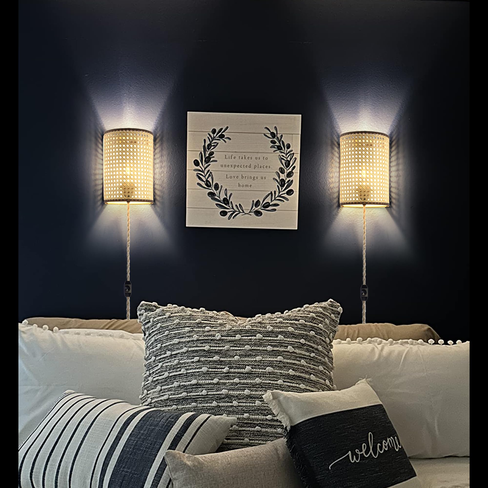 Wall Sconces Set of Two, Plug in Wall Sconces,Rattan Lampshade,Wall Lamp with Plug in Cord and Dimmable Switch,Wall Lights Fixtures for Bedroom Living Room Hallway.