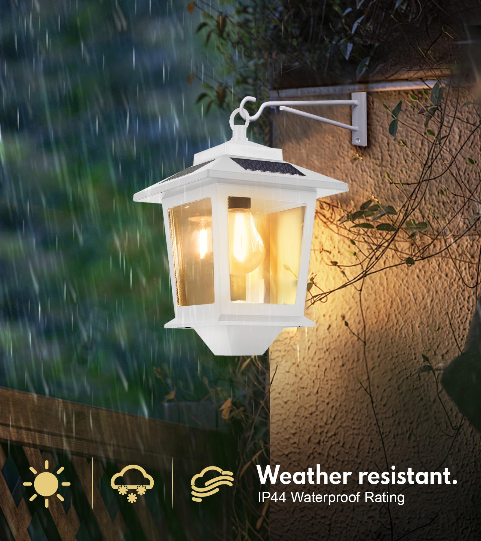 2 Pack Solar Wall Lanterns with Replaceable Bulb,Outdoor Hanging Solar Lights with 4 Solar Panels,Dusk to Dawn Led Outdoor Wall Sconce,Anti-Rust Waterproof Wall Lanterns with Hooks,3000K Warm White