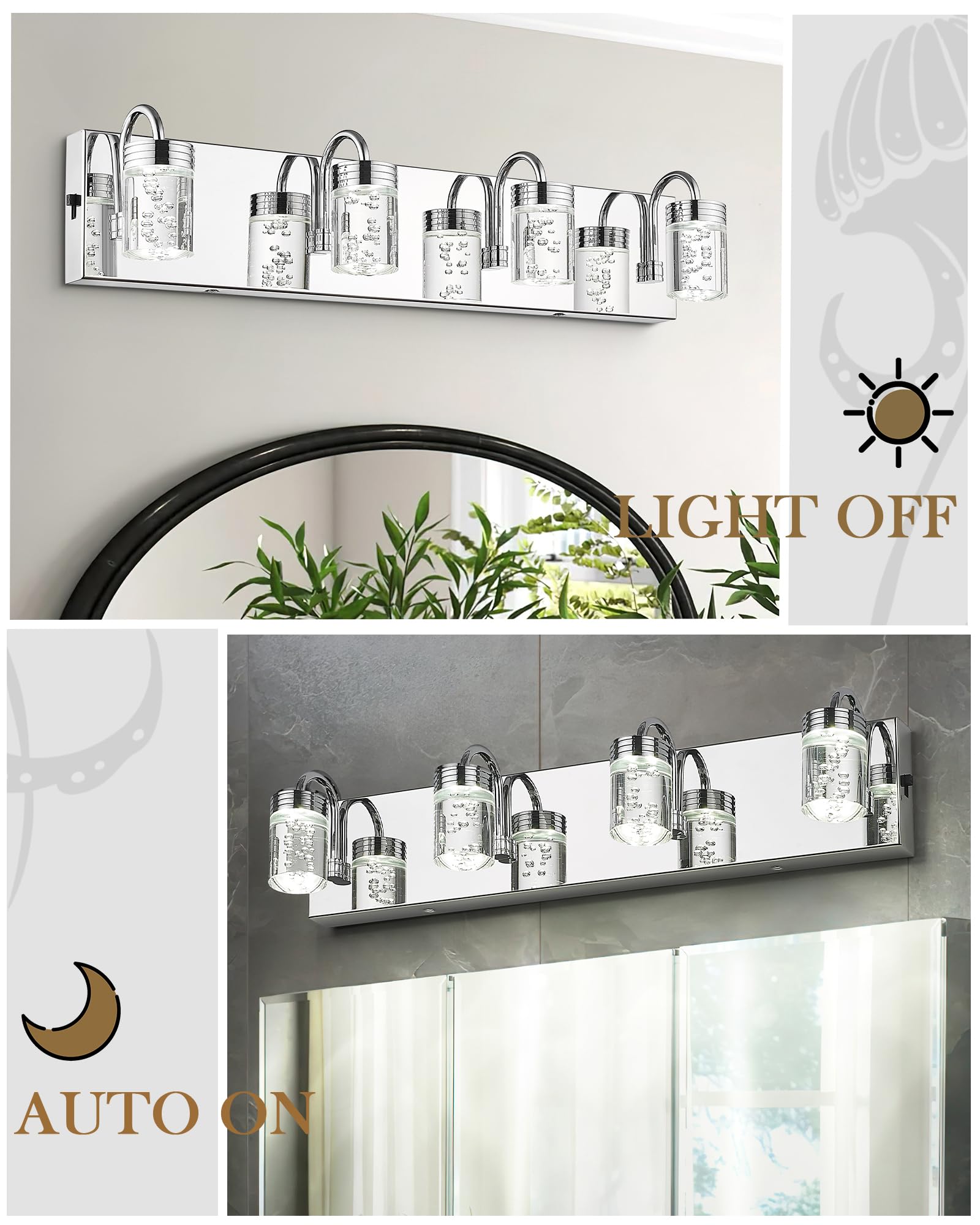 4 Lights Dimmable Crystal LED Vanity Light, Modern Matte Black Bathroom Light Fixtures 16W 3000/4000/5000K, LMS-193