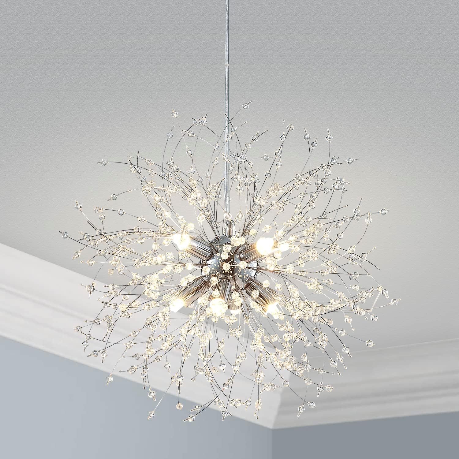 Dandelion Crystal Chandeliers, Modern Design, Firework Pendant Light Fixture for Living Space, H17'' x D17'', Adjustable Chains 59'', G9*9 Sockets, Brilliant Gold Finish Frame