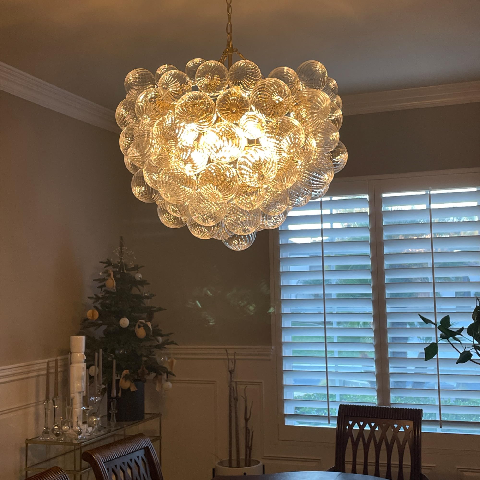 Semi Flush Mount Ceiling Bubble Ball Chandelier Lighting Dia 20 Inch Gold Clear Ribbed Blown Glass Chandeliers Ceiling Medallions Light Fixtures for Bedroom, Living Room, Entry, Bathroom