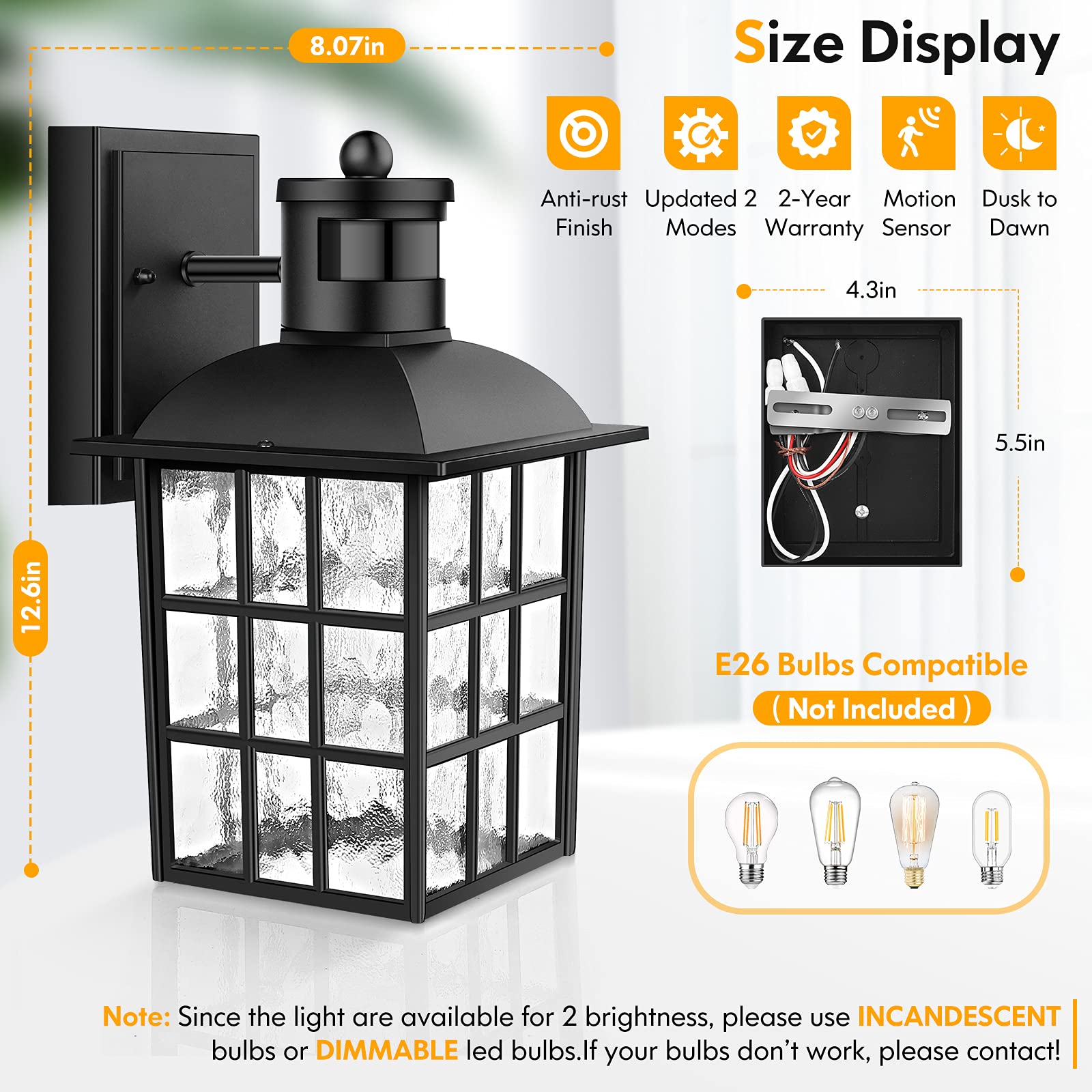 2-Pack Outdoor Wall Lantern, Exterior Light Fixtures Wall Mount with Photocell Sensor, Black Wall Light Waterproof, Waterfall Glass Outside Wall Sconce for Porch House Garage