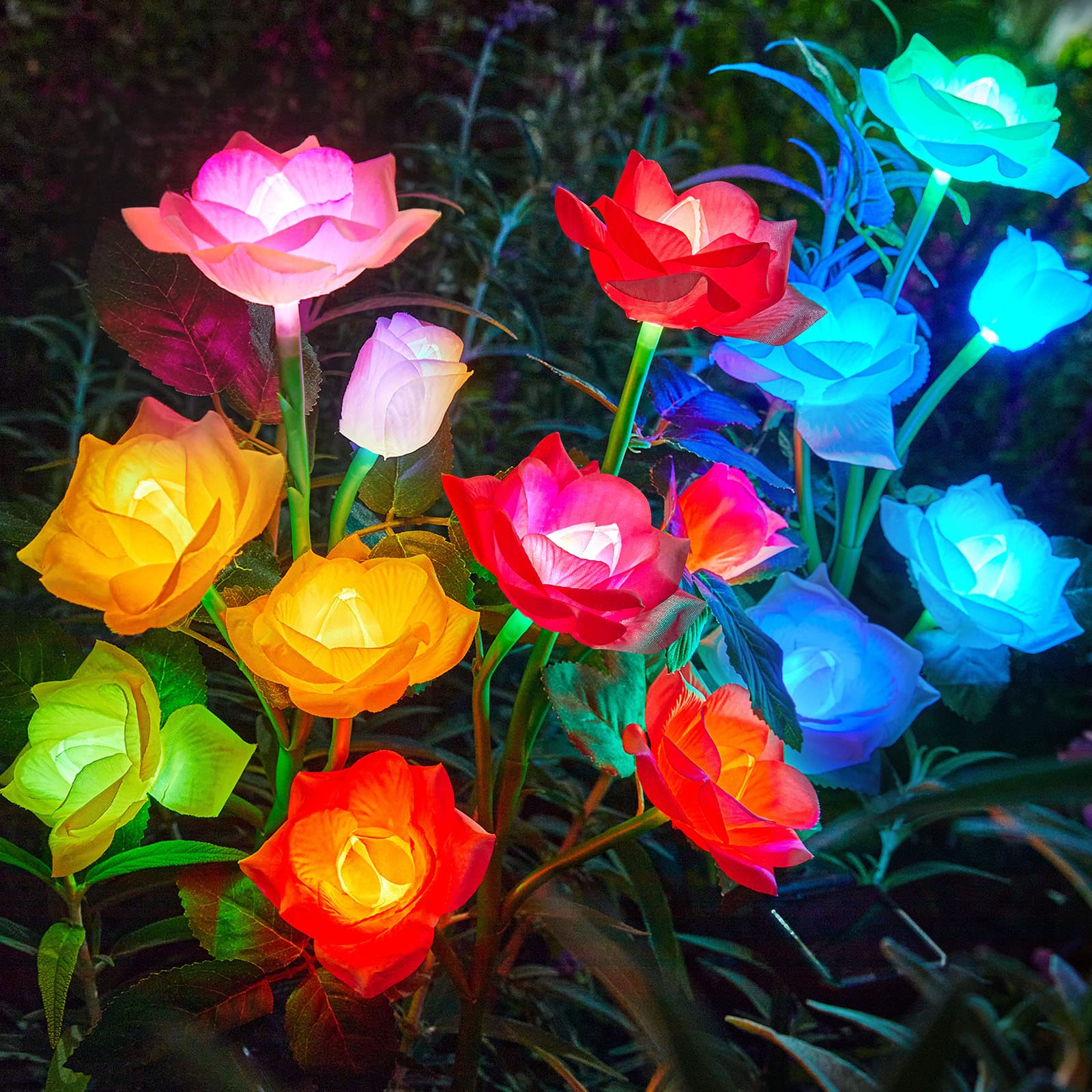 Solar Garden Lights Outdoor Decorative, 3 Pack Solar Garden Lights with 15 Rose Flowers, Multi-Color Changing LED Waterproof Solar Powered Garden Decor for Patio Yard Pathway Decoration