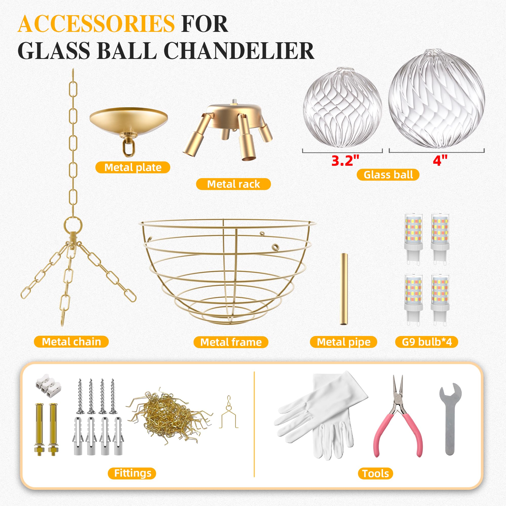 Semi Flush Mount Ceiling Bubble Ball Chandelier Lighting Dia 20 Inch Gold Clear Ribbed Blown Glass Chandeliers Ceiling Medallions Light Fixtures for Bedroom, Living Room, Entry, Bathroom