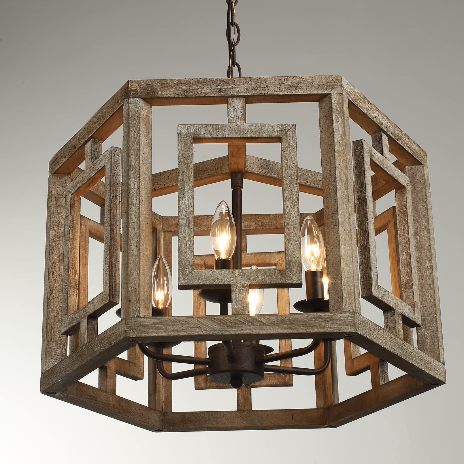 4-Light Farmhouse Wood Chandelier Lights Fixture for Dining Room, Rustic Vintage Antique Wooden Chandeliers Square Hanging Ceiling Pendant Lighting Fixtures for Kitchen Island, Entryway