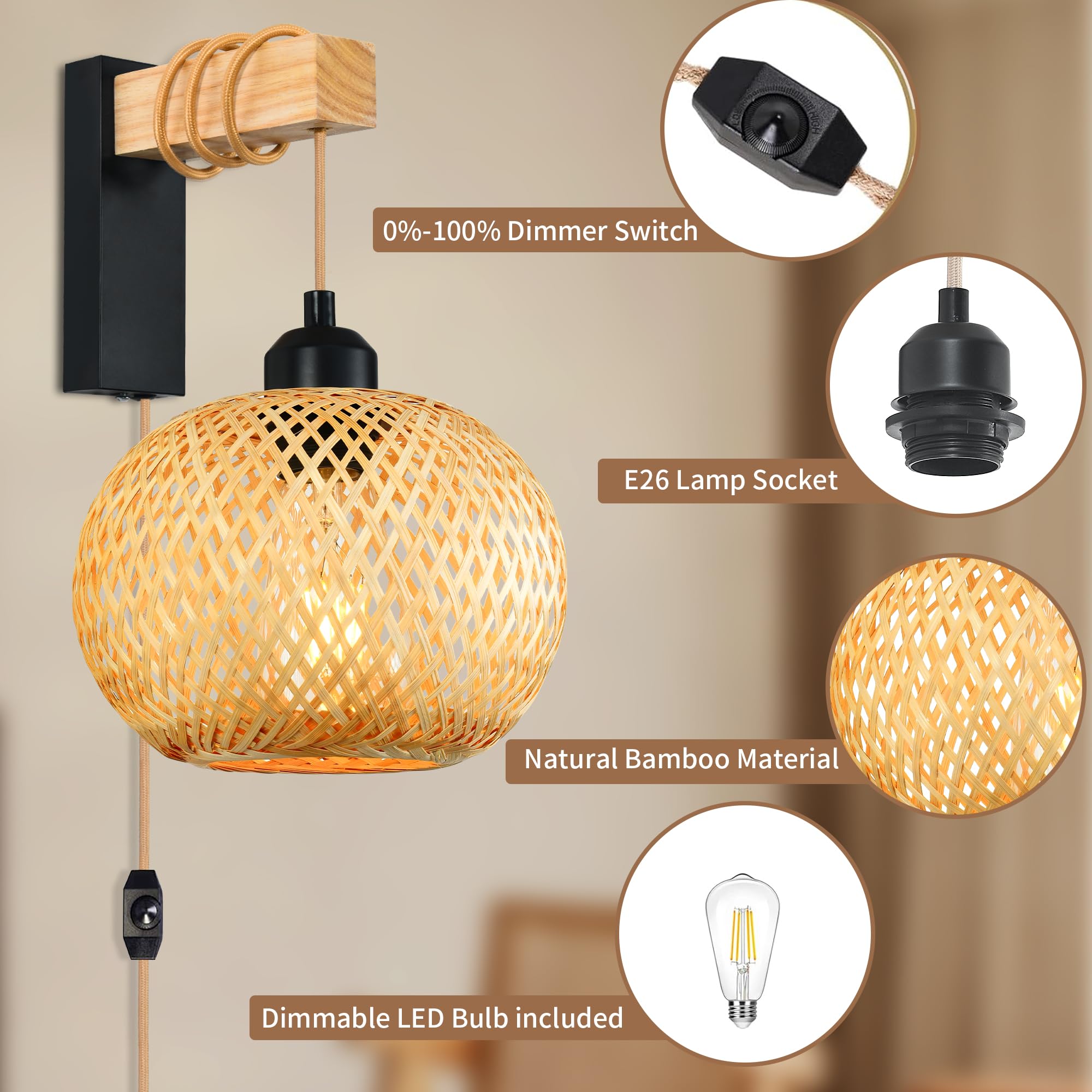 Rattan Plug in Wall Sconces Set of Two,Wicker Wall Lamp with Plug in Cord Hand Woven Rattan Plug in Wall Lamp Rustic Wall Lighting Boho Wall Sconces for Living Room Bedroom