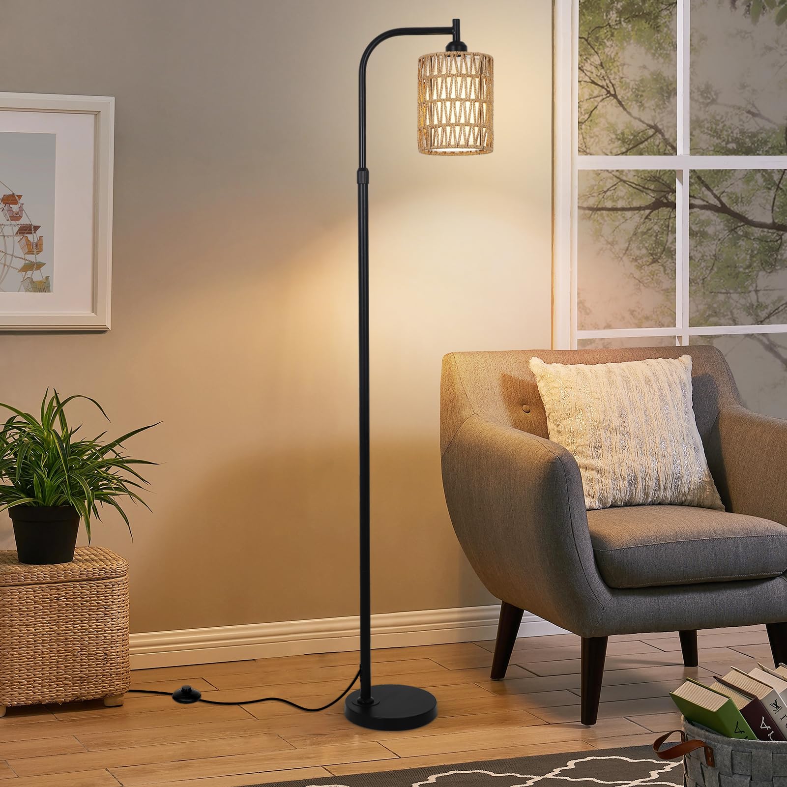 Modern Gold Floor Lamps for Living Room, Boho Rattan Floor Lamp with Remote & Dimmable LED Bulb, Farmhouse Standing Lamp with Rattan Shades, Minimalist Tall Pole Lamp for Bedroom Office