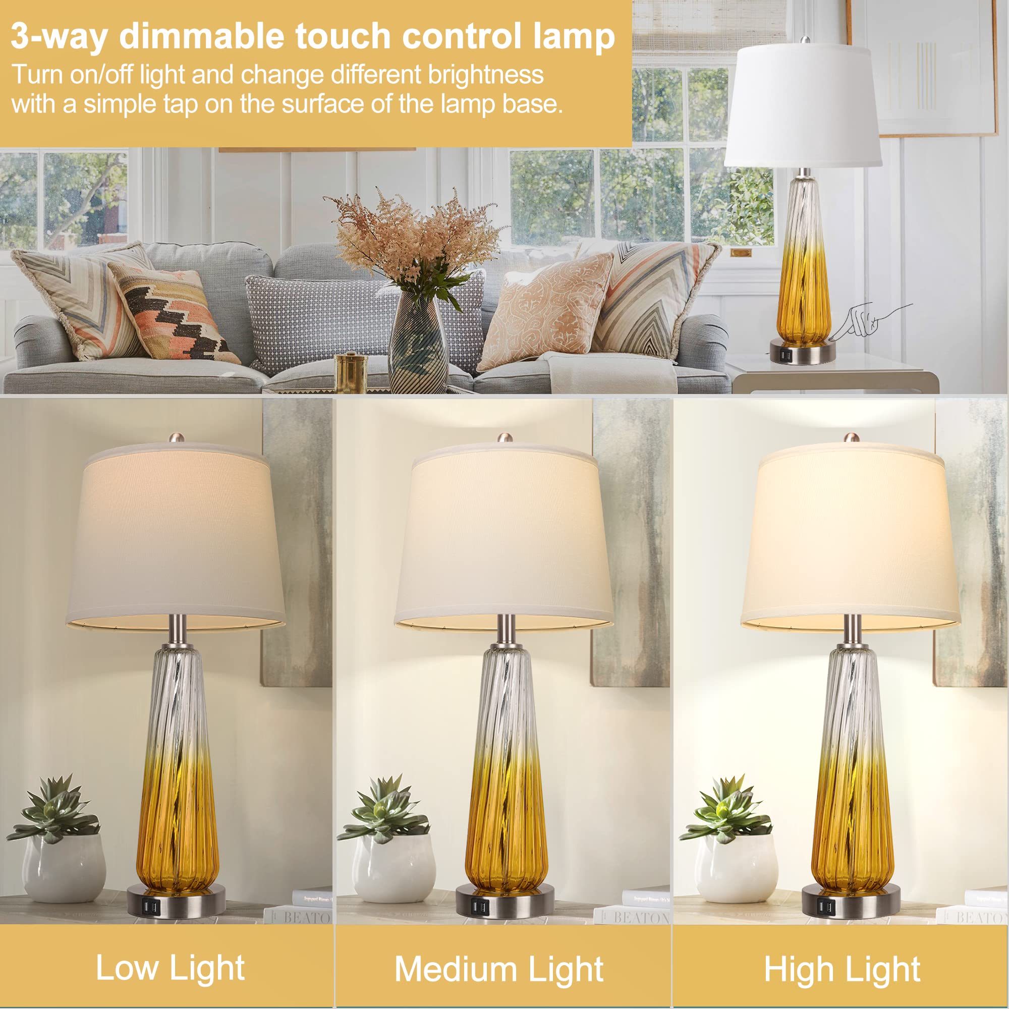 Table Lamps for Living Room with Touch Control, 3-Way Dimmable Bedside Lamps with 2 USB Ports, Modern Glass Nightstand Lamp with White Fabric Shade, 27.5" Large Lamps for Home Bedrooms Decorations