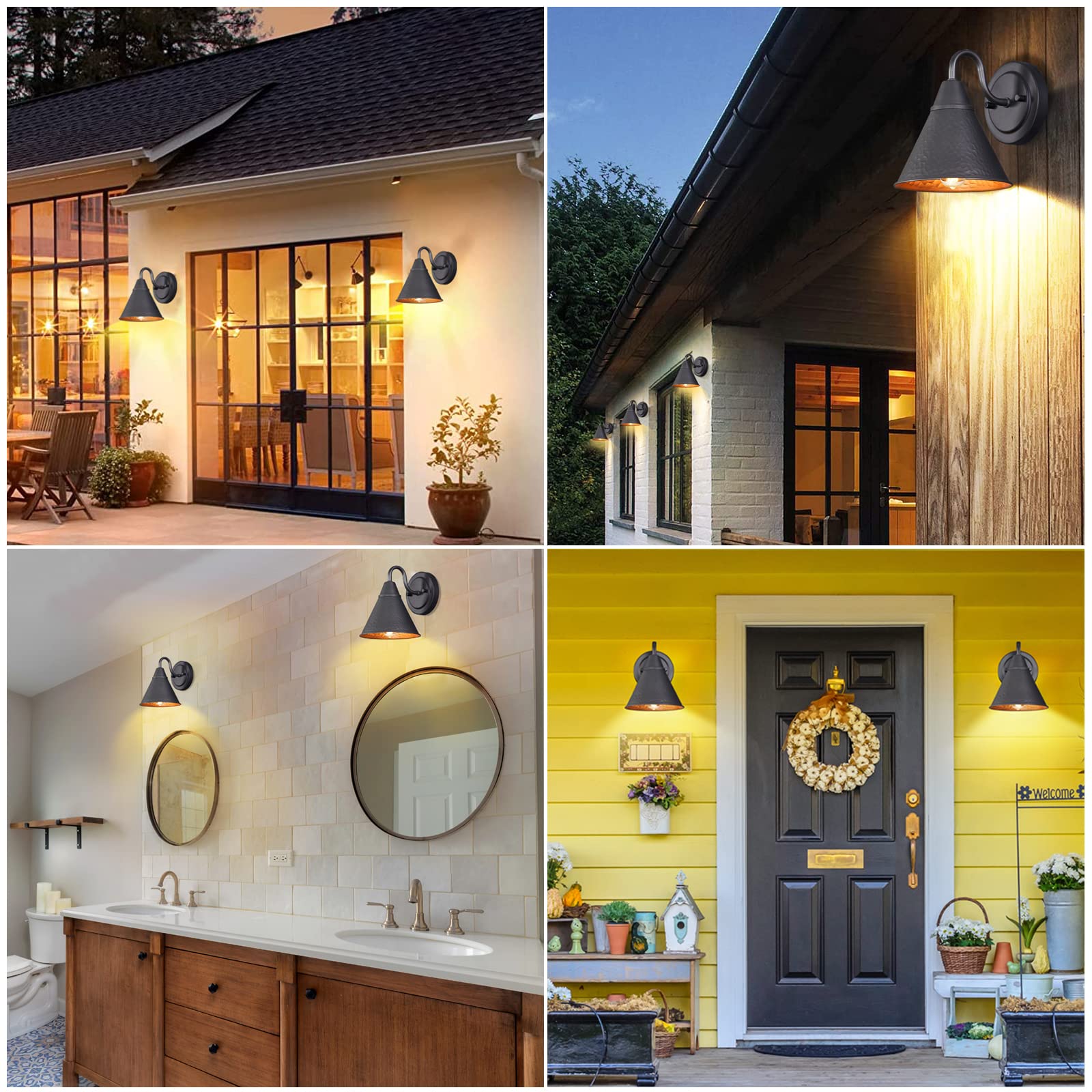 Outdoor Wall Sconces, 2-Pack Wall Lights Fixture, Exterior Farmhouse Porch Light with Hammered Metal Shade, Anti-Rust Waterproof Black Outside Barn Light for Front Porch Patio Garage Gazebo House