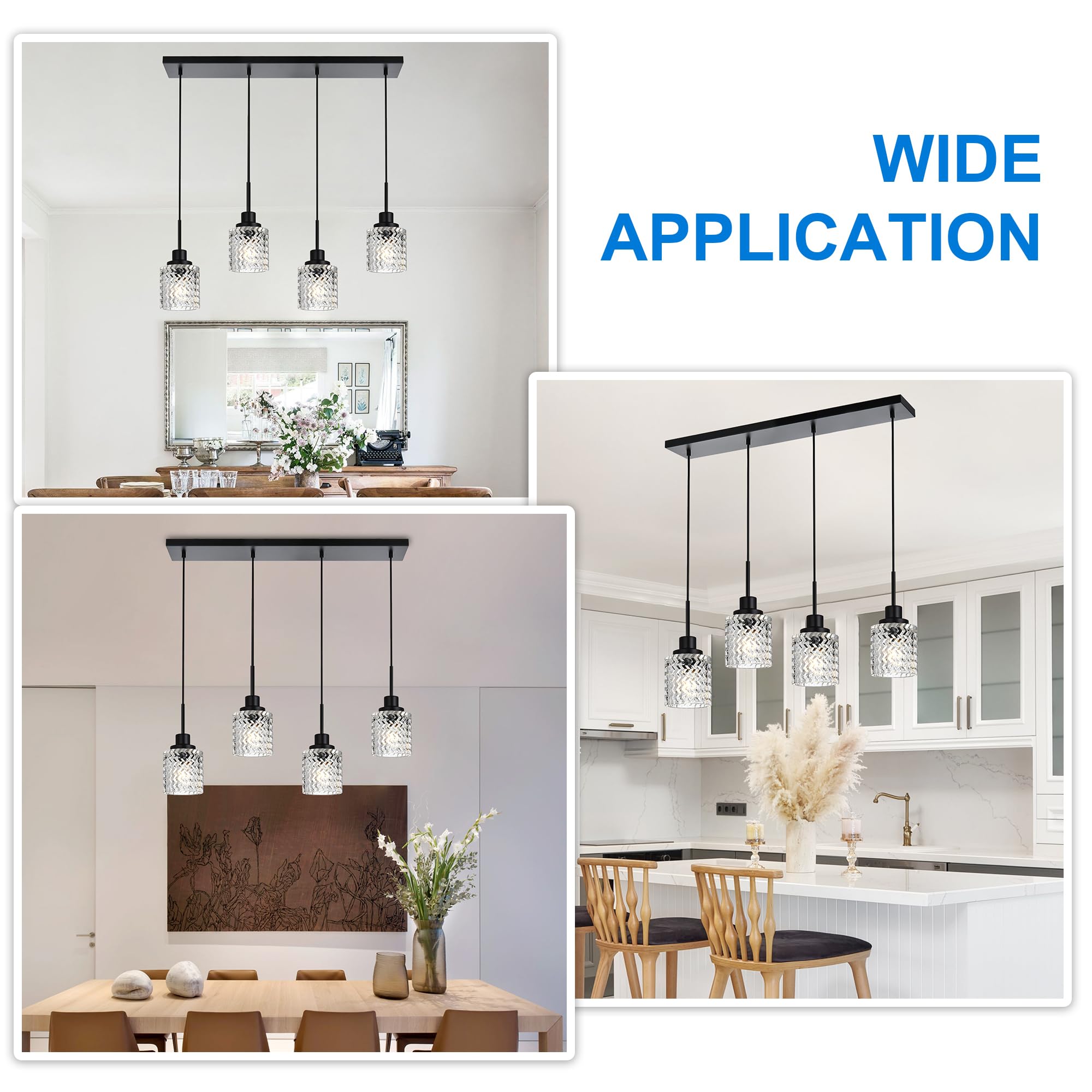 6 Lights Linear Chandeliers for Dining Room, Black Island Lighting Fixture Hanging Pendant Lights with Hammered Glass Shade for Kitchen Island, Dining Hall, Bar