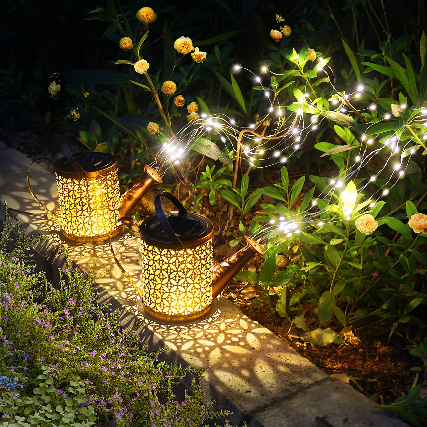 Solar Watering Can with Lights, Outdoor Solar Garden Lights,Garden Decor, Hanging Lantern Waterproof,Metal Solar Waterfall Lights for Yard Patio