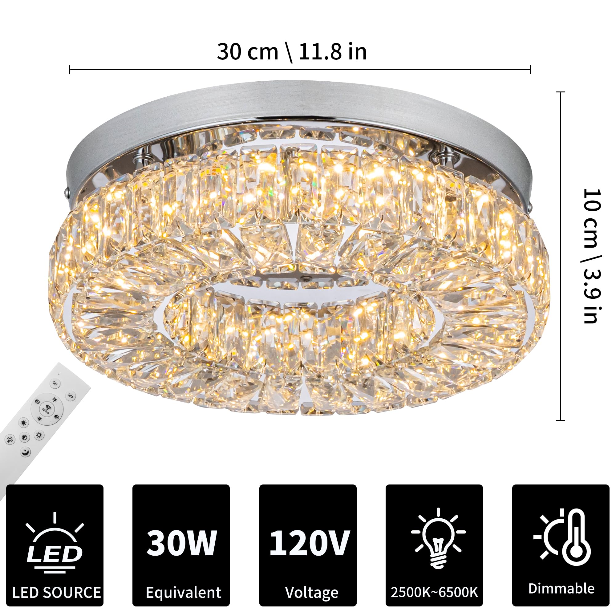 11.8" Crystal Chandelier LED Crystal Flush Mount Ceiling Light Modern Crystal Chandeliers for Bedrooms Dining Room Hallway (6500K Cool White) Without Remote Control