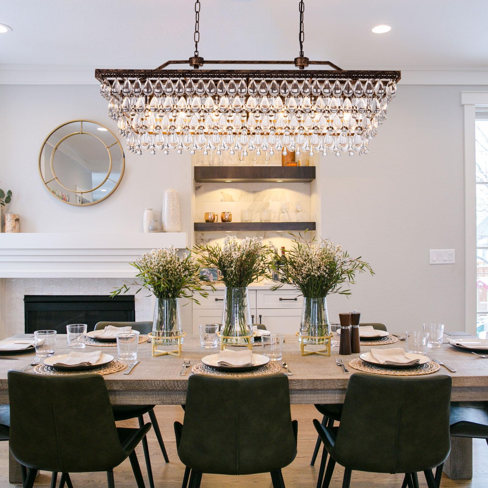 Dining Room Crystal Chandelier,30 inch Antique Bronze Rectangle Crystal Ceiling Light,4 Lights Farmhouse Kitchen Island Lighting,Adjustable Hanging Light Fixtures