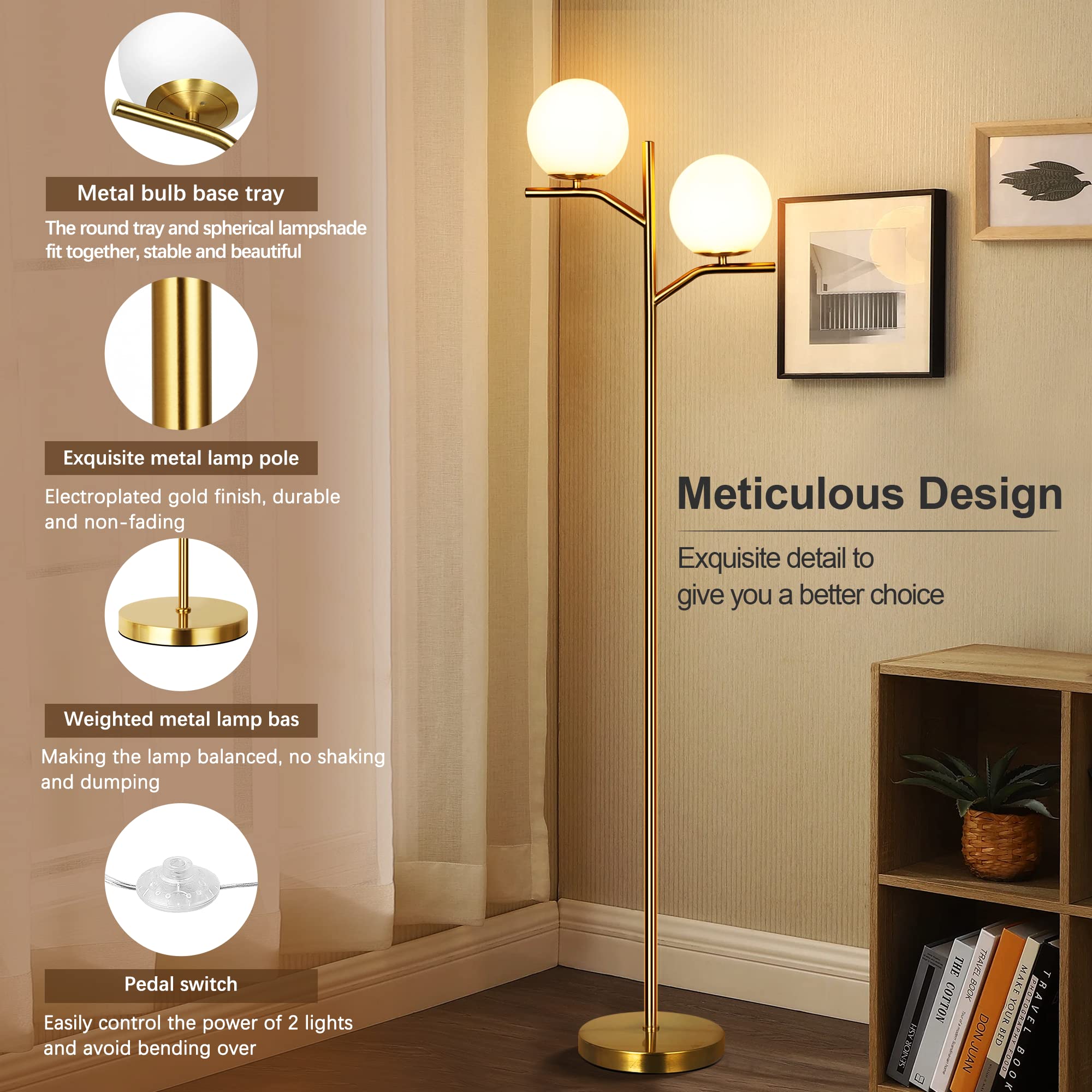 Modern Floor Lamp for Living Room, Gold Standing Lamp for Bedroom with Globe Glass Shade, 68" Mid-Century Tall Pole Tree Lamps Light Home Decor, Antique Brass(LED Bulbs Included)