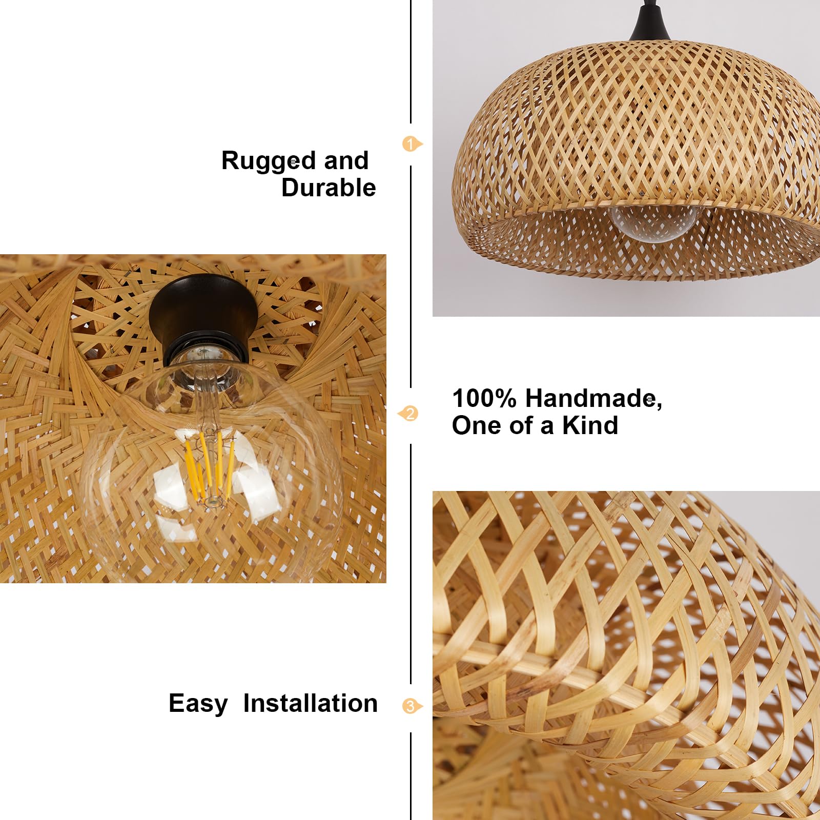 Rustic Farmhouse Bamboo Pendant Light - 18 Inch Large Dome Handwoven Ceiling Mounted Bamboo Chandelier Shades, Coastal Beach Hanging Rattan Light Fixture for Kitchen, Dining, Living Room