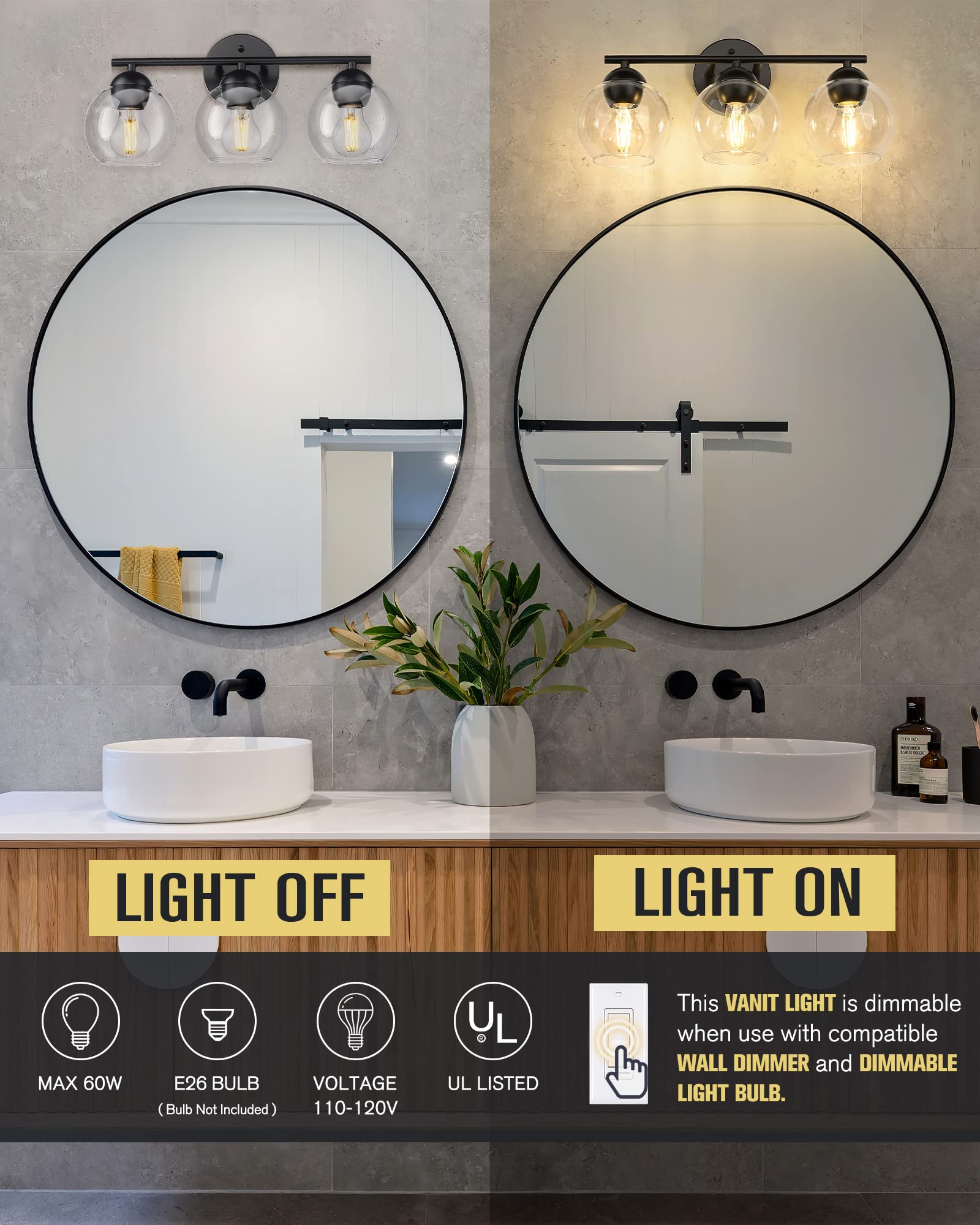 Black Vanity Lights for Mirror, Modern Farmhouse 2-Light Bathroom Light Fixtures Globe Bathroom Vanity Light with Milk Glass Shade, VL114-BK-ML-2