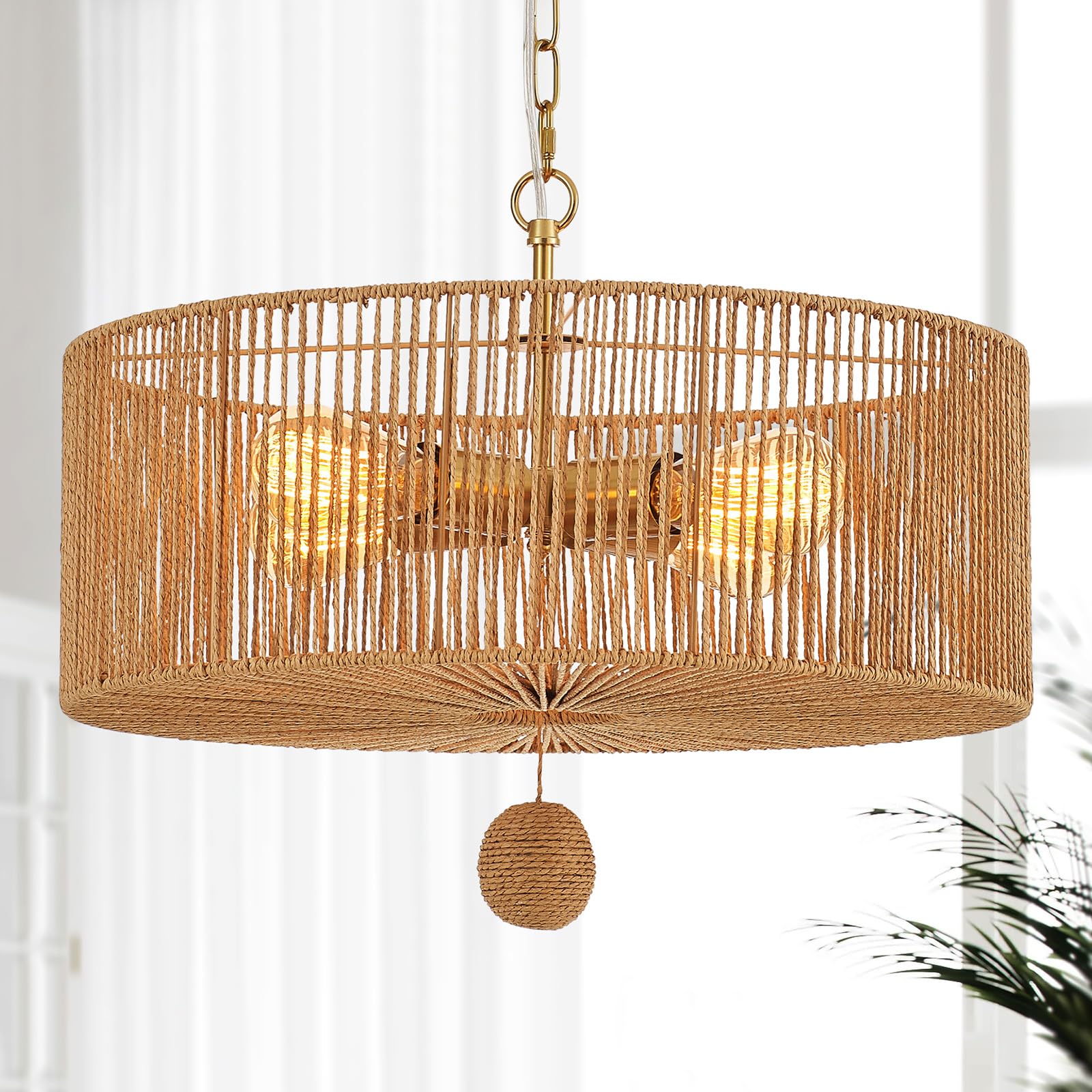 Hand-Woven Rattan Chandelier Vintage Farmhouse Boho Bamboo Chandelier Light Fixture Rustic Retro 5-Lights Drum Wicker Rattan Black Chandelier for Dining Room, Kitchen, Living Room, E12