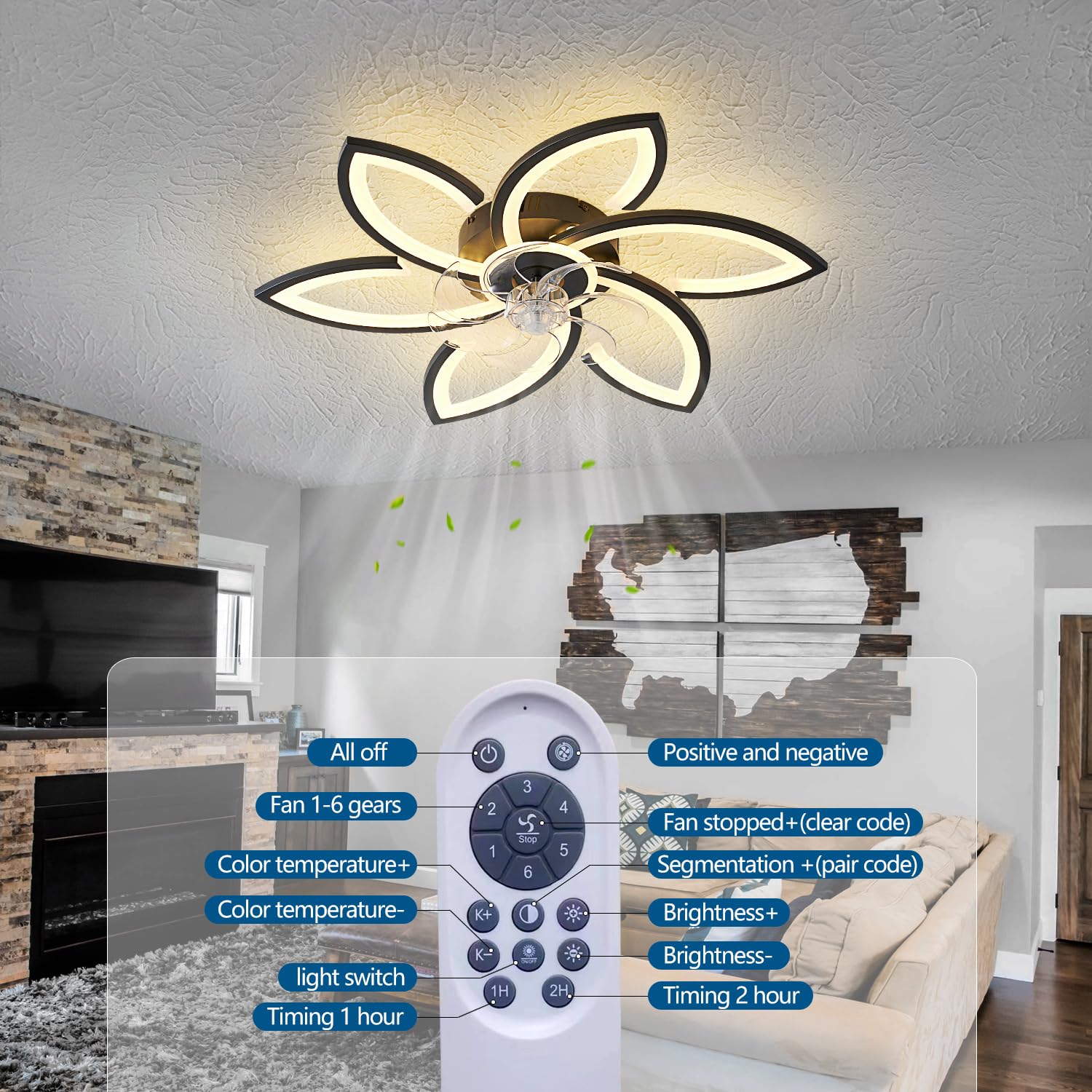 Ceiling Fan with Lights Remote Control, 24" Black, 6 Speeds 3 Light Color Low Profile Flush Mount Ceiling Fan for Kitchen Bedroom