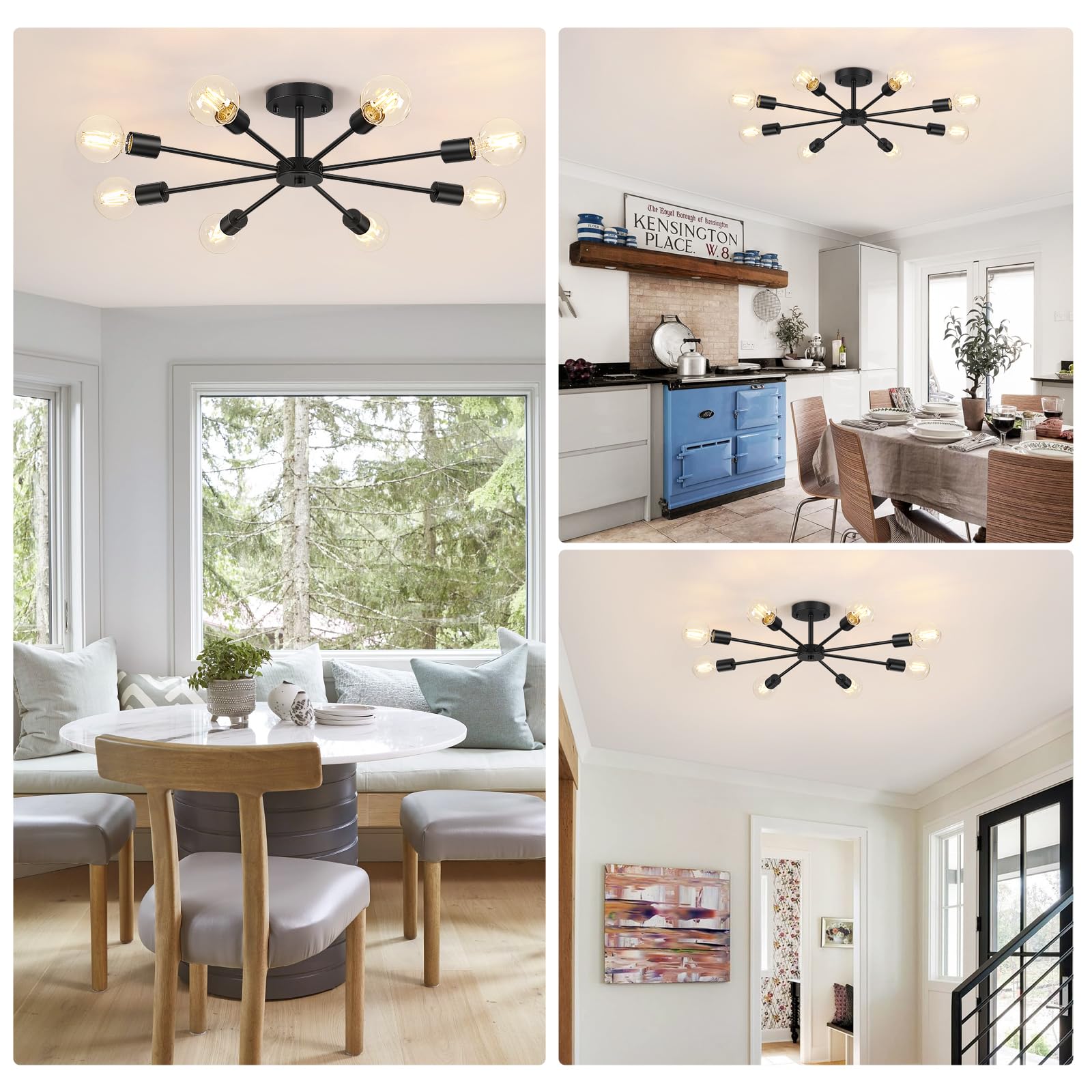 6-Lights Semi Flush Mount Ceiling Light, Matte Black Close to Ceiling Lighting with E26 Base, Modern Sputnik Light Fixtures for Kitchen Dining Room Bedroom Living Room