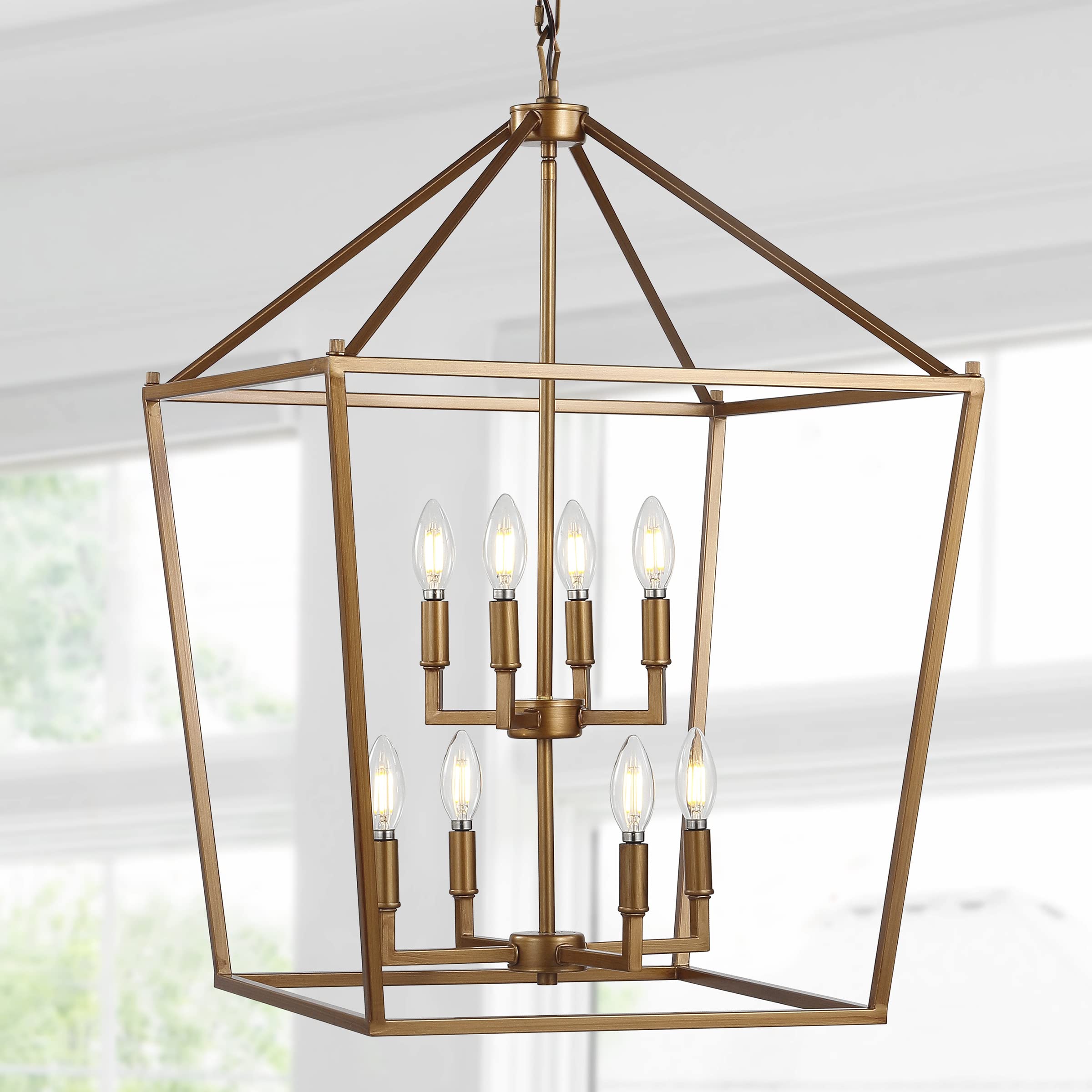 Lantern Dimmable Adjustable Metal LED Pendant Classic Traditional Farmhouse Dining Room Living Room Kitchen Foyer Bedroom Hallway, 10 in, Antique Gold