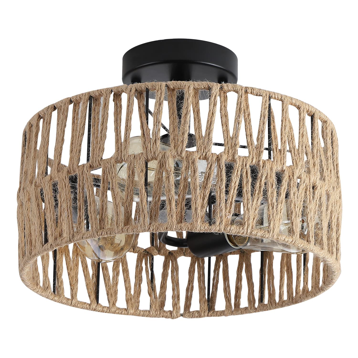 3-Light Antique Gold Woven Flush Mount Light Fixture Rustic Coastal Hemp Rope Brass Semi Flush Mount Ceiling Light for Hallway Bedroom Kitchen Entryway Farmhouse Living Room