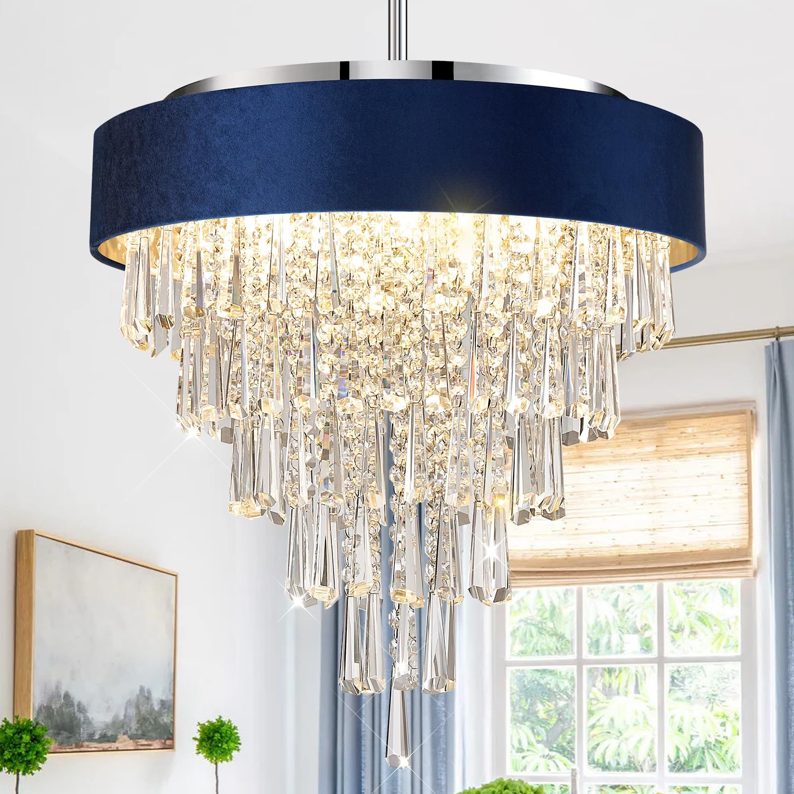 Chandelier,Drum 18” Round Ceiling Pendant Light Velvet Fabric Shade with Gold 4 Lights Fixtures Modern Semi Flush Mount Hanging Chandelier for Bedroom Foyer Hallway Dining Room