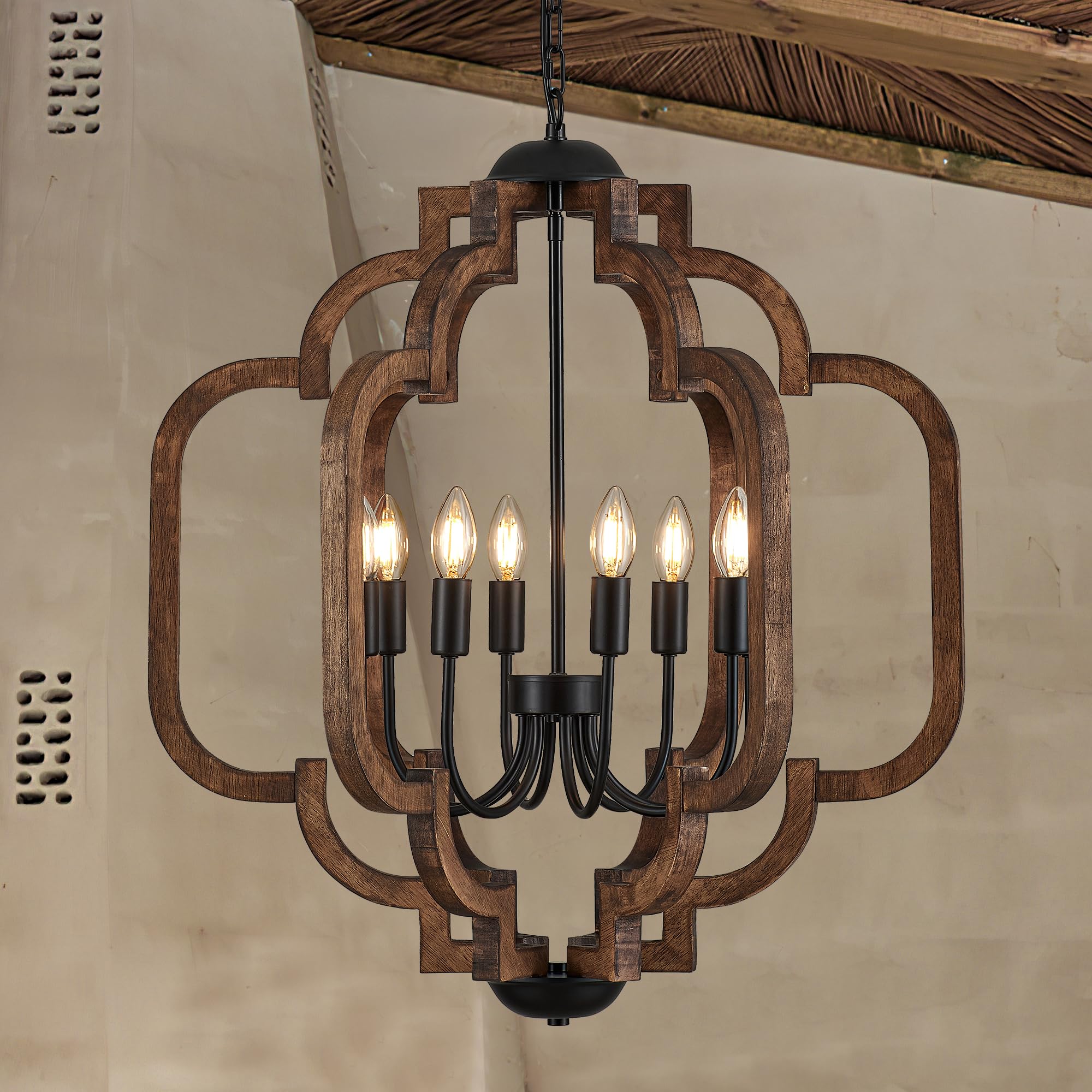 6-Light 21" Farmhouse Orb Chandelier Rustic Handmade Distressed White Wood Hanging Ceiling Pendant Light Fixture Wood Lantern Chandeliers for Dining Room Kitchen Bedroom Foyer Hallway