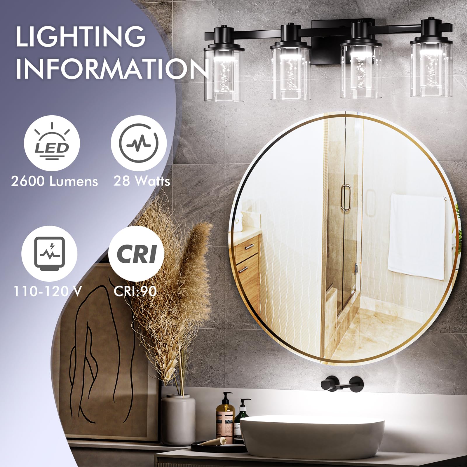 Bathroom Vanity Light Fixtures, 3-Light LED Lighting Fixtures Over Mirror, 5 CCT Modern Chrome Vanity Light for Bathroom with Crystal Bulb Clear Glass Shade Dimmable Bathroom Wall Lamp