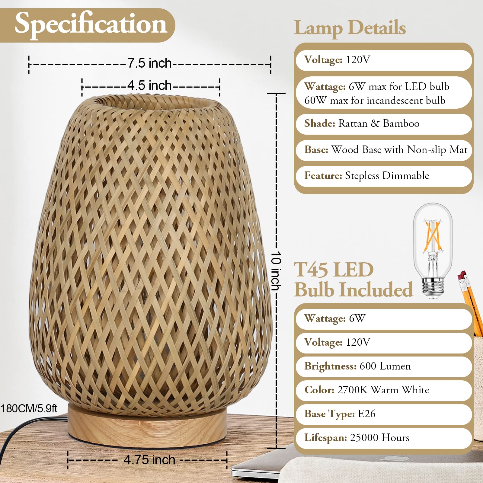 Rattan Table Lamp, Stepless Dimmable Small Beside Lamp, Vintage Wicker Wooden Nightstand Lamp, Boho Bamboo Woven End Table Lamp for Bedroom Living Room Desk Kids Room, 2700K T45 LED Bulb Included