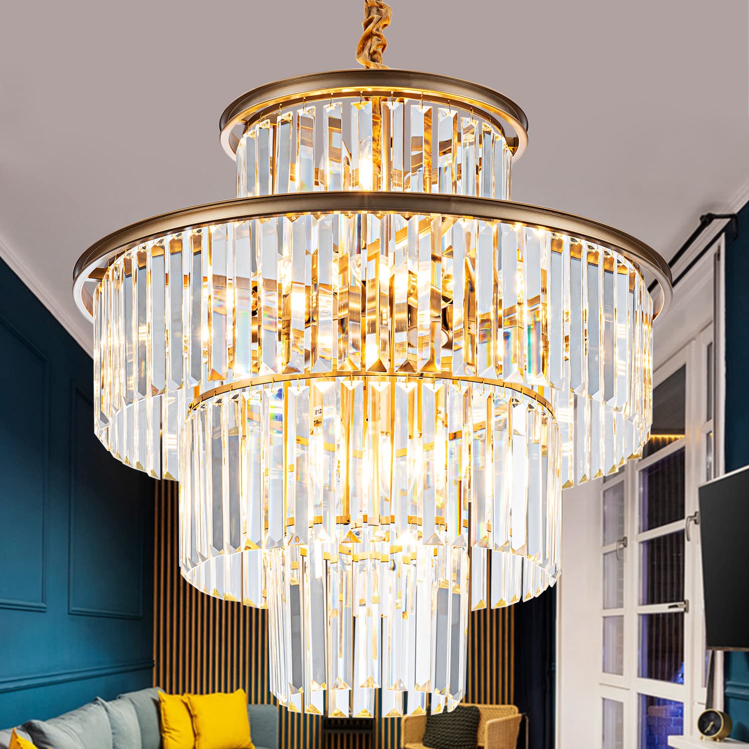 23" 8-Light Modern Crystal Chandelier Light Fixtures 2 Rings Gold Luxury Chandeliers for Dining Room Round Hanging Pendant Lighting for Living Room Kitchen Entryway Bedroom