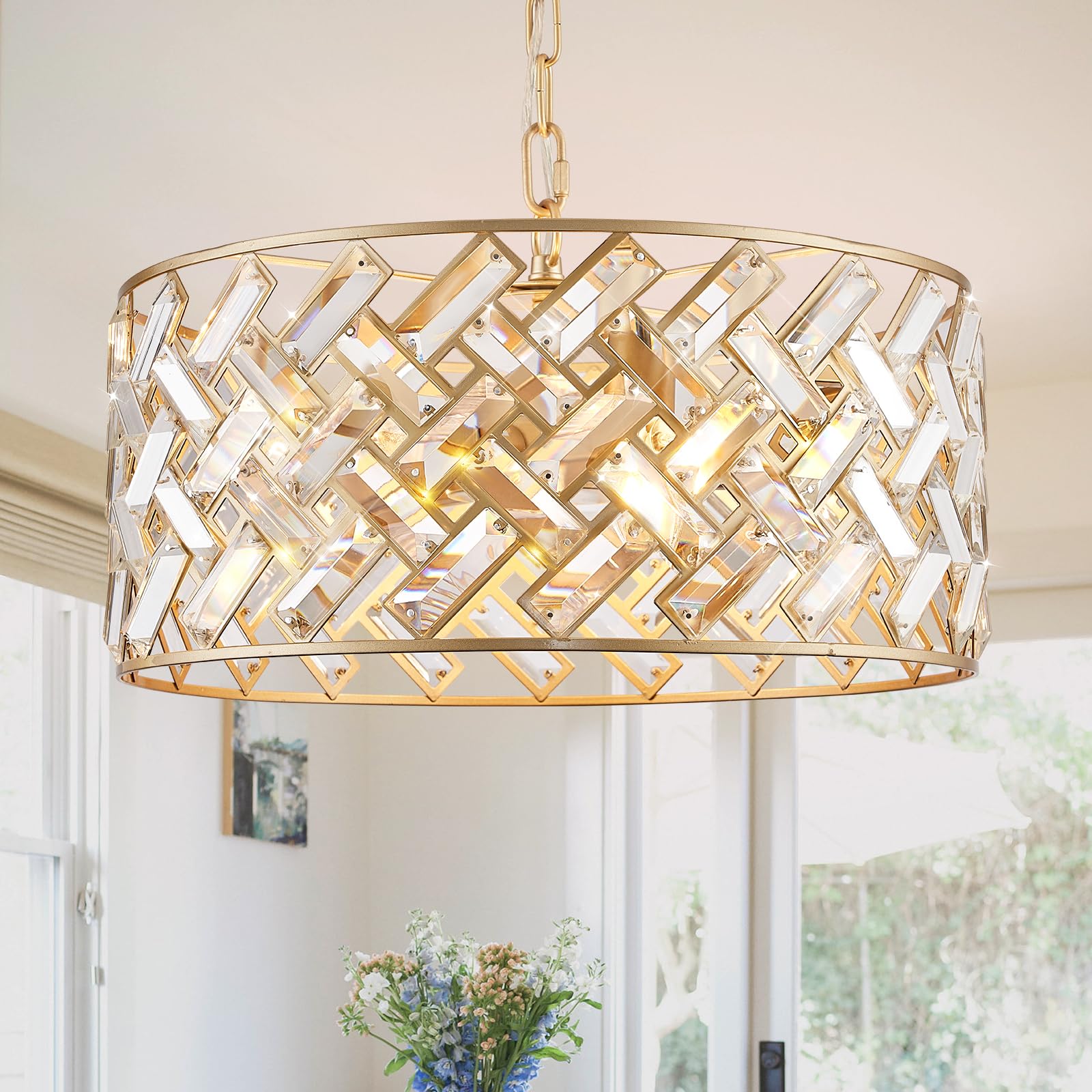 Gold Crystal Chandeliers, Modern Semi Flush Mount Chandelier 4-Ligh Drum Crystal Ceiling Pendant Light Fixture 12” for Foyer Entryway Kitchen Hallway Dining Room