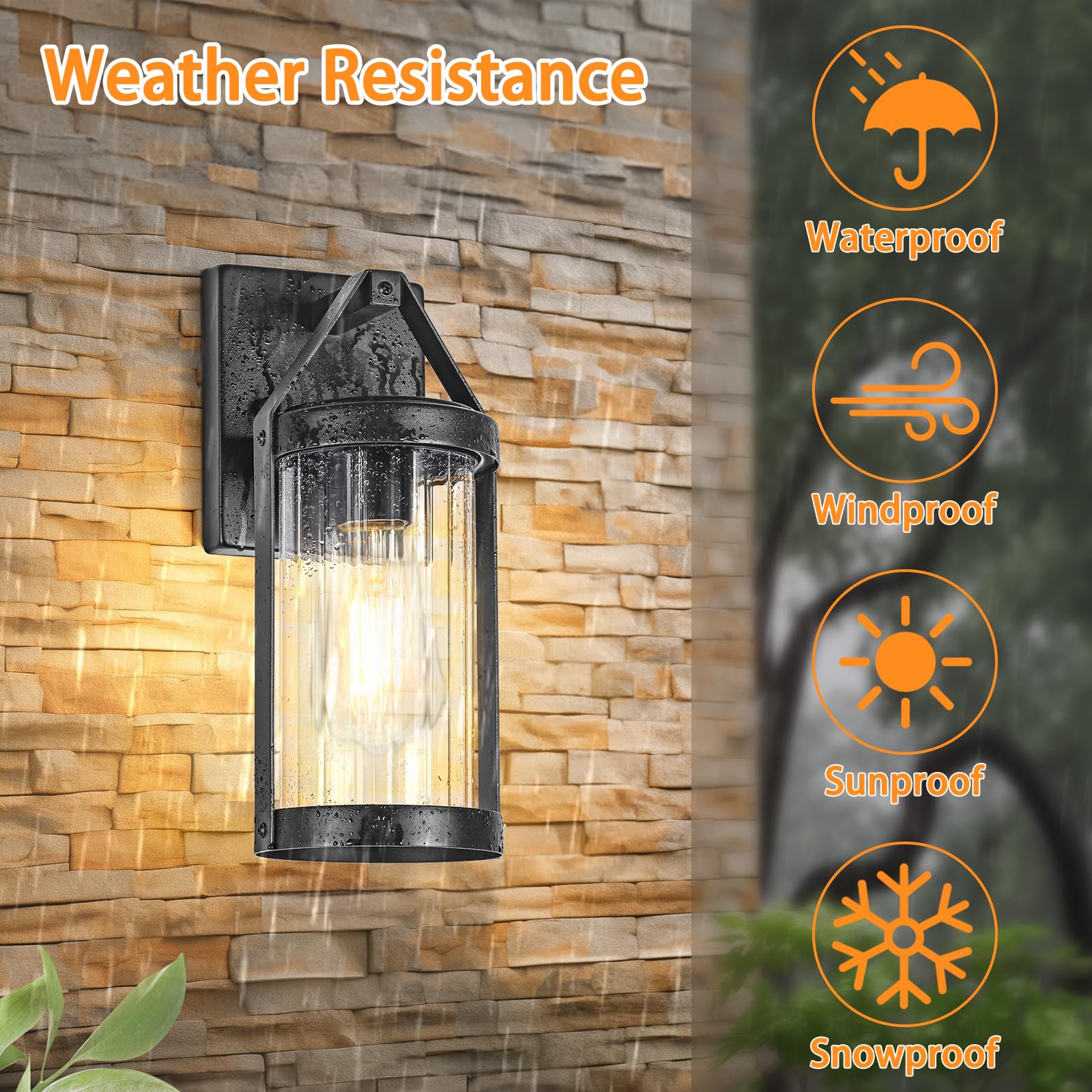 Outdoor Wall Light Fixtures, Waterproof Exterior Wall Sconce Porch Lights, Matte Black Outdoor Wall Lantern with Clear Ribbed Glass, Outside Wall Mount Lighting for House, Garage, Front Door, 2-Pack