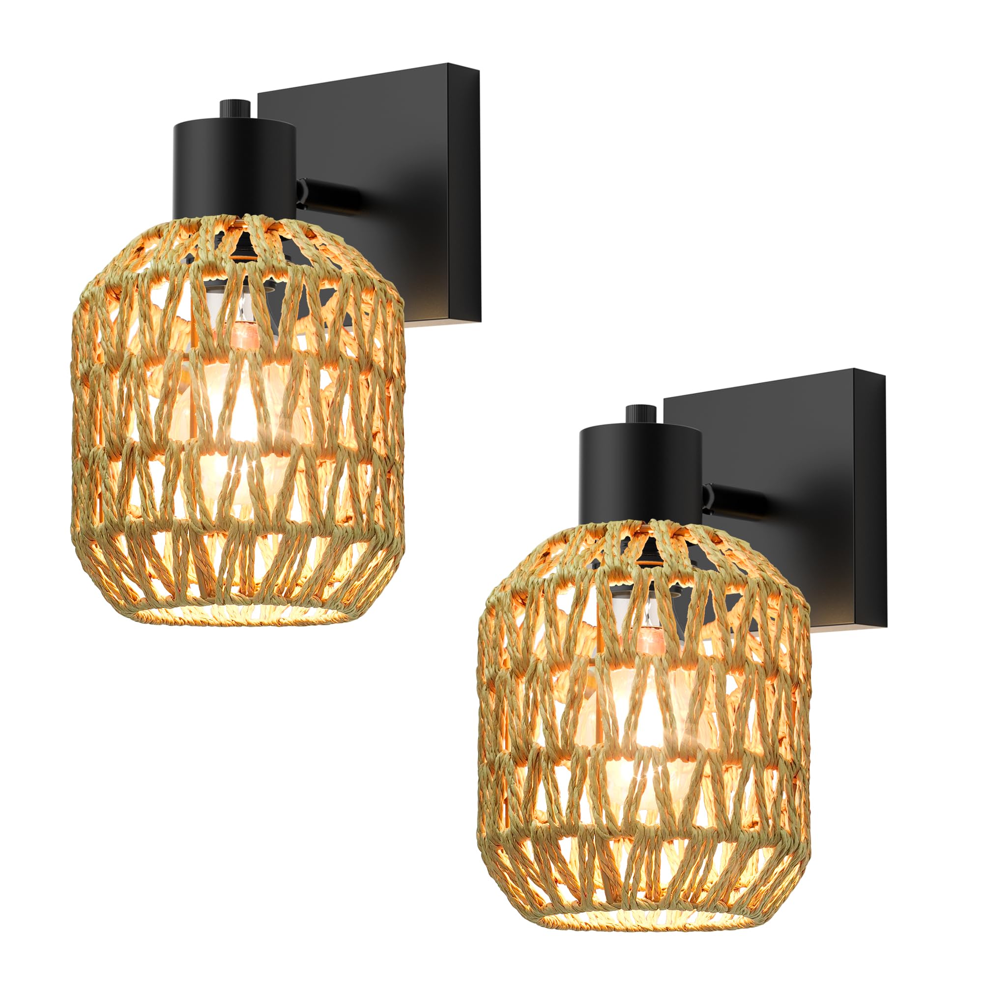 Rattan Wall Sconces Set of Two, Boho Bathroom Vanity Lighting Fixtures over Mirror, Hardwired Farmhouse Wall Lamp with 330°Adjustable Arm for Living Room, Bedroom and Hallway, E26 Base (Not Included)