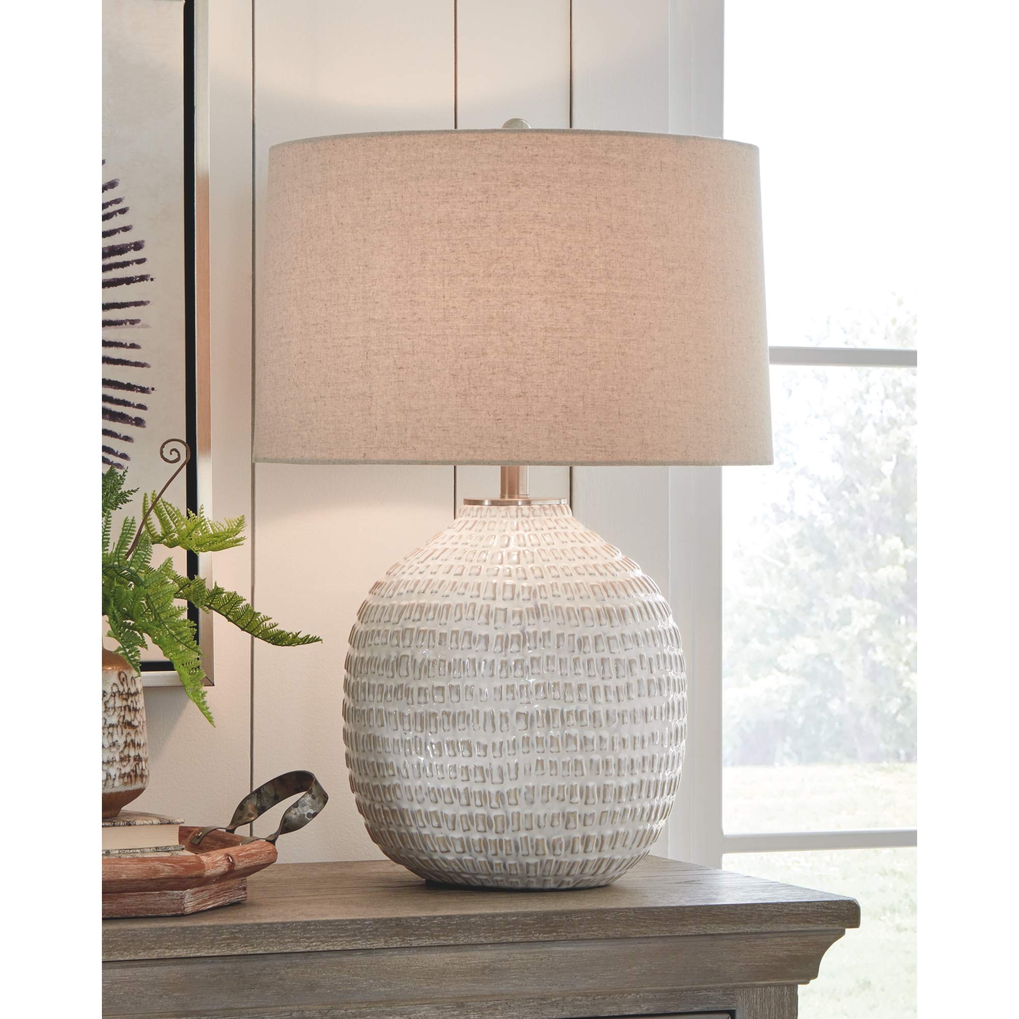 Contemporary 26" Round Textured Ceramic Table Lamp, Beige