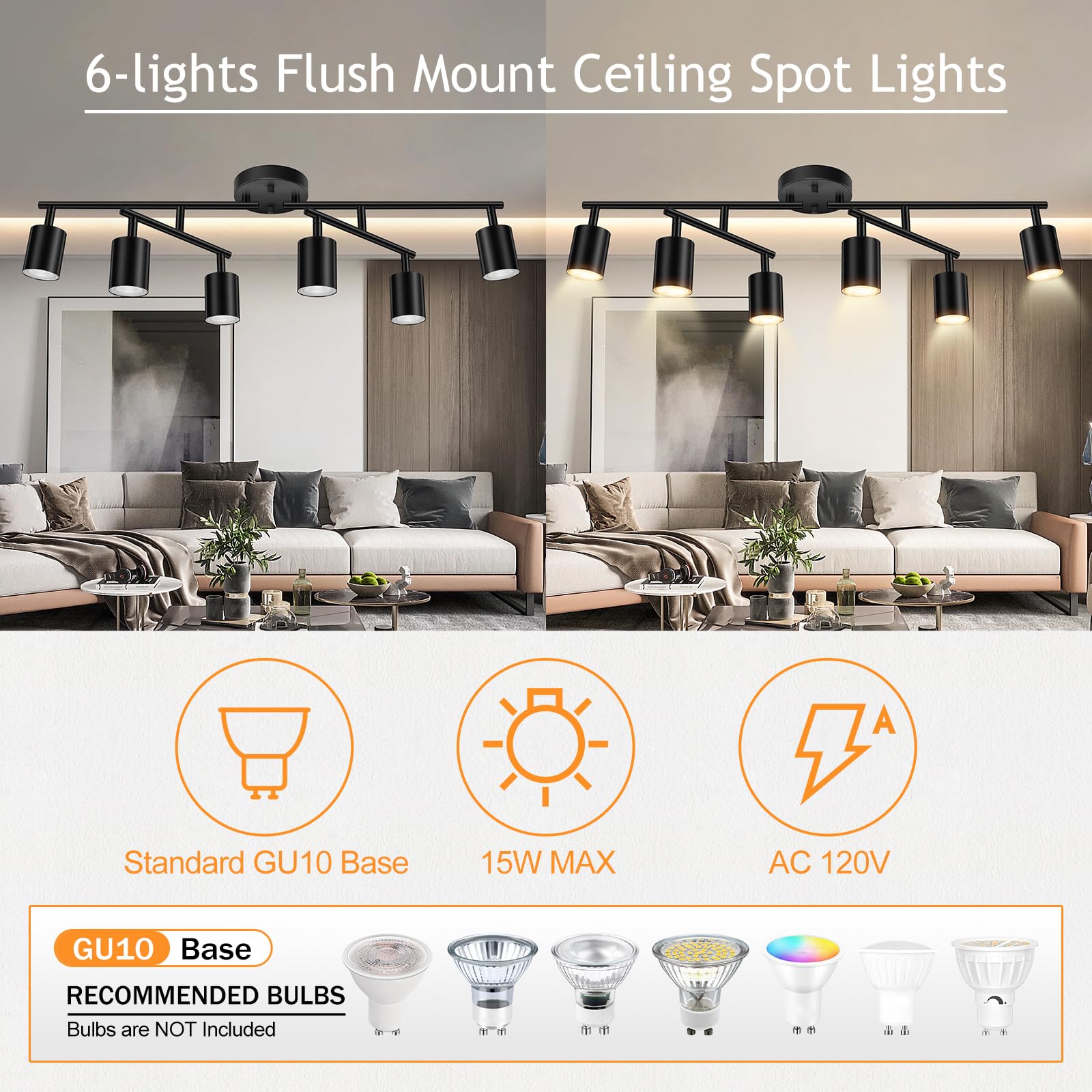 LED 2 Light Track Lighting Kit, Black 2 Way Ceiling Spot Lighting, Flexibly Rotatable Light Head for Kitchen, Living Room, Bedroom, GU10 Bulb Not Included