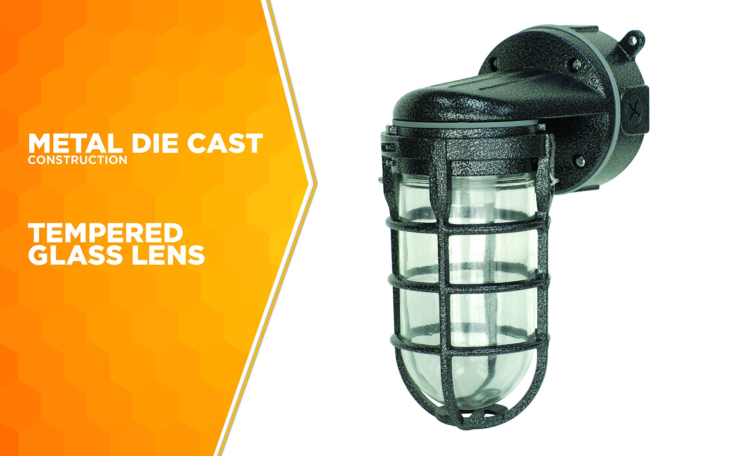 Wall Mount Light in Hammered Black Finish Sturdy Die Cast Aluminum Cage; 100 Watt Incandescent; Industrial Design; Suitable for Indoor and Outdoor Use