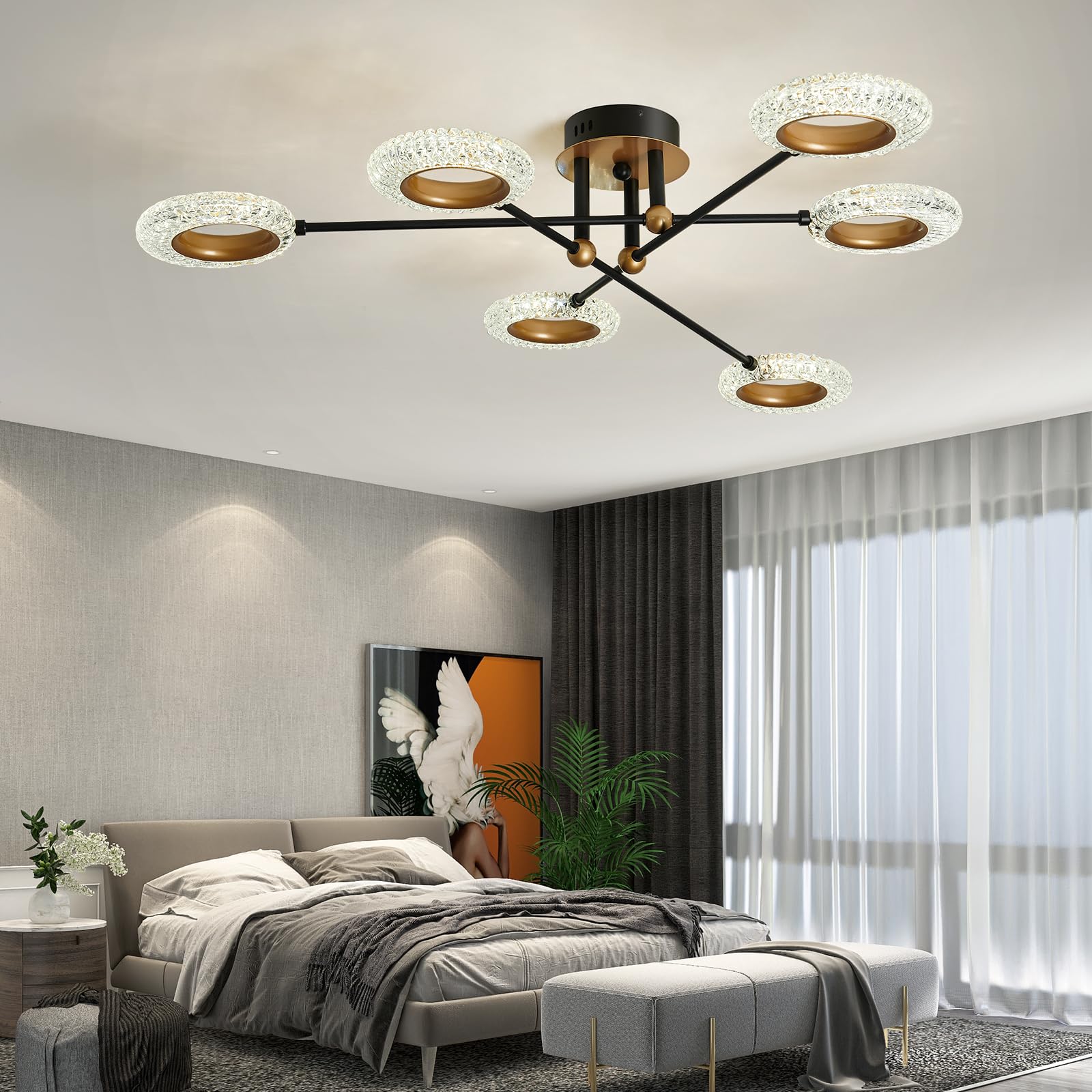 6 Lights Sputnik Semi Flush Mount Ceiling Light Matte Black Modern Edison Chandelier Industrial Close to Ceiling Light for Farmhouse Dining Room Kitchen Bedroom Living Room Study