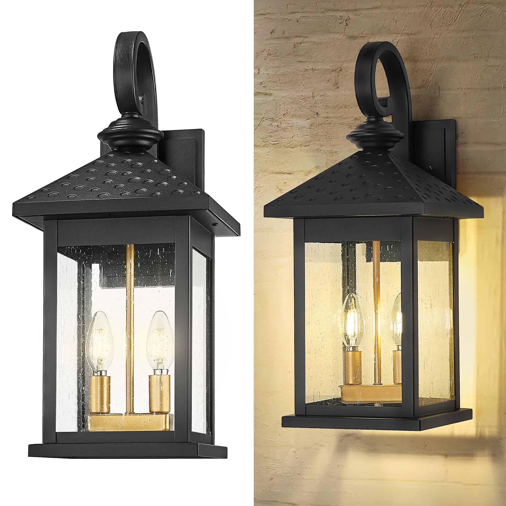 Outdoor Pendant Light for Patio, Exterior Metal Hanging Light with Seeded Glass, Black Finish, DE280HM BK