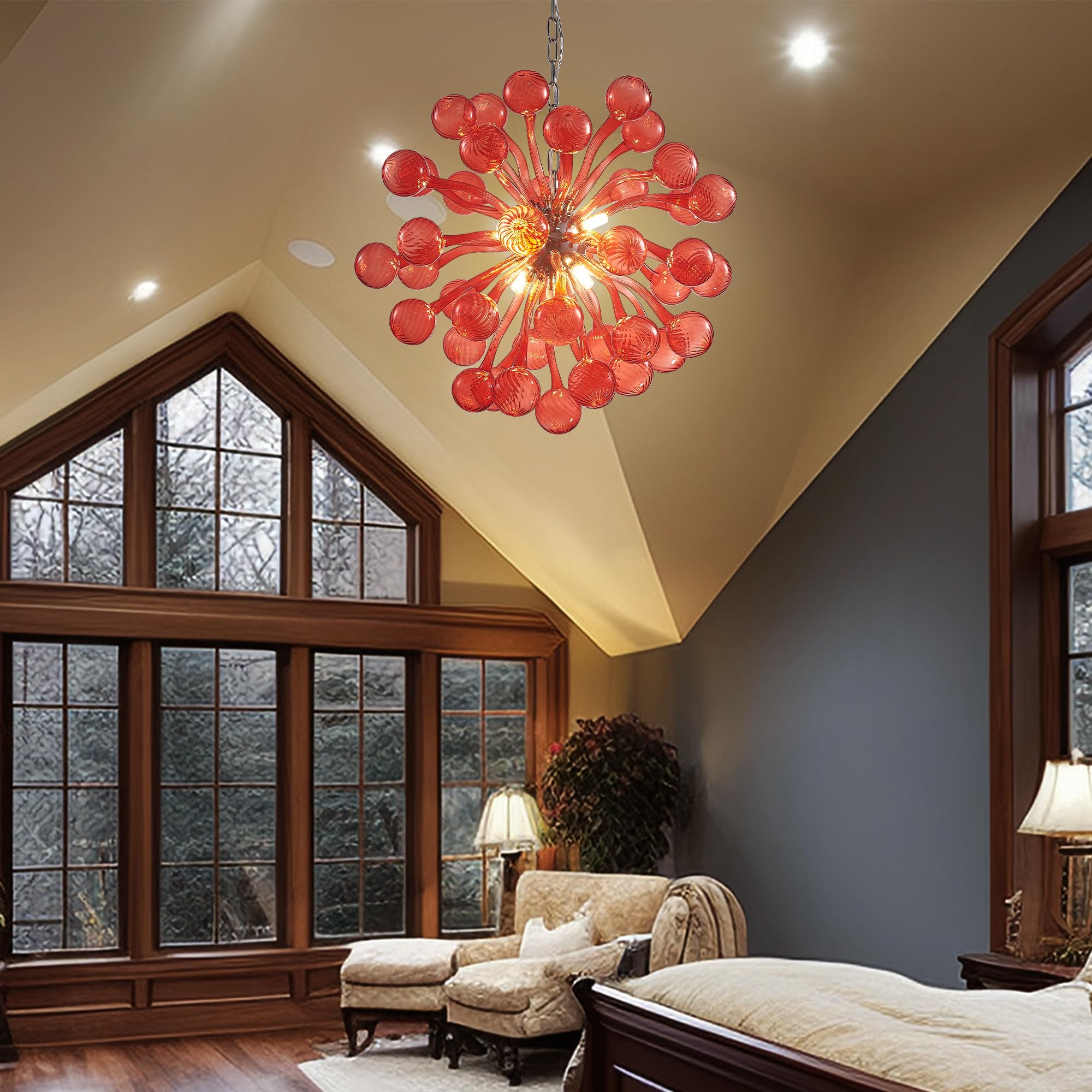 Semi Flush Mount Ceiling Bubble Ball Chandelier Lighting Dia 20 Inch Gold Clear Ribbed Blown Glass Chandeliers Ceiling Medallions Light Fixtures for Bedroom, Living Room, Entry, Bathroom