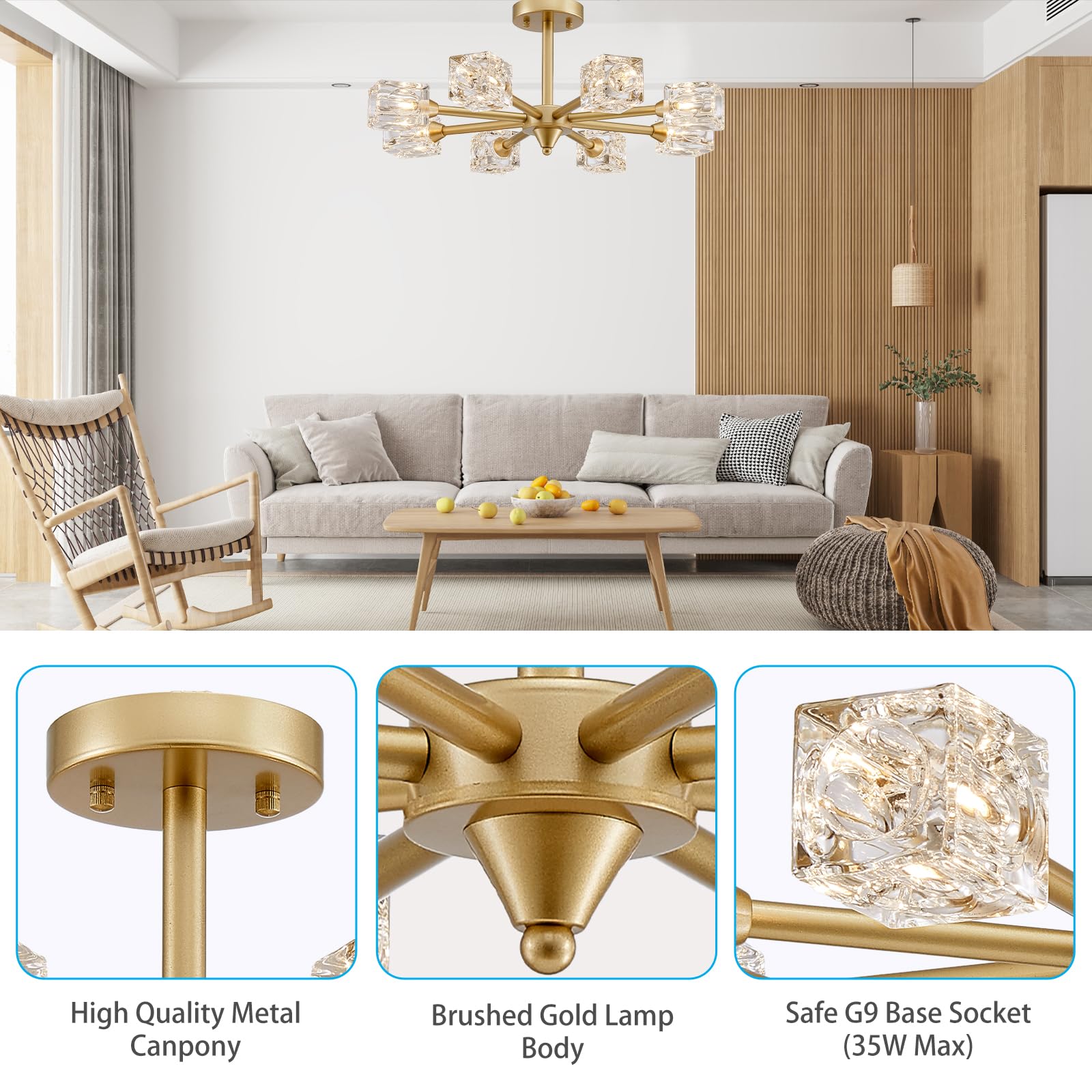 XINGQI Gold Chandelier Sputnik 8-Light Modern Farmhouse Glass Light Fixtures Rectangle Linear Chandelier for Dining Room Living Room Bedroom Kitchen Island