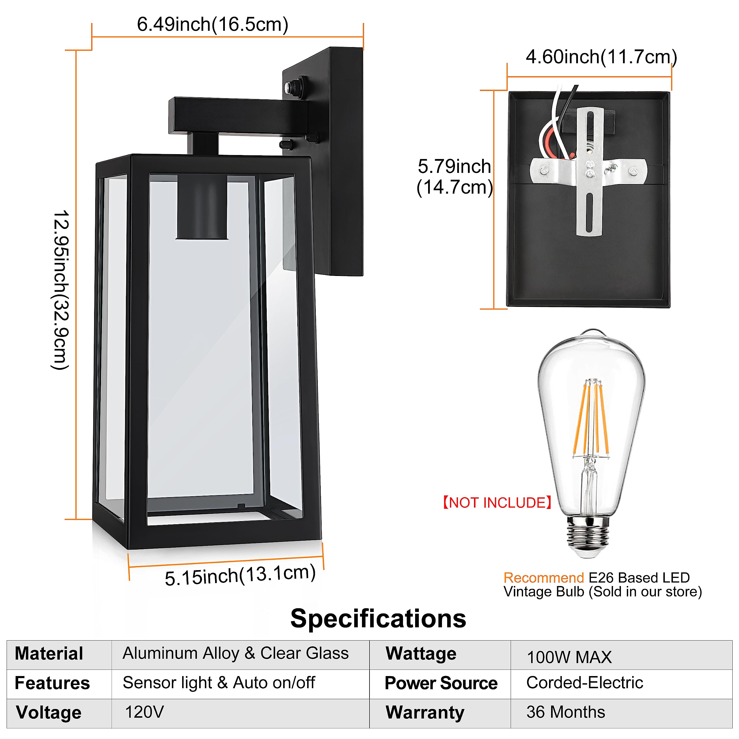 Sensor Outdoor Wall Sconce, Exterior Wall Lantern Fixture with E26 Base, Wall Mount Waterproof Wall Lamp for Porch, Doorway