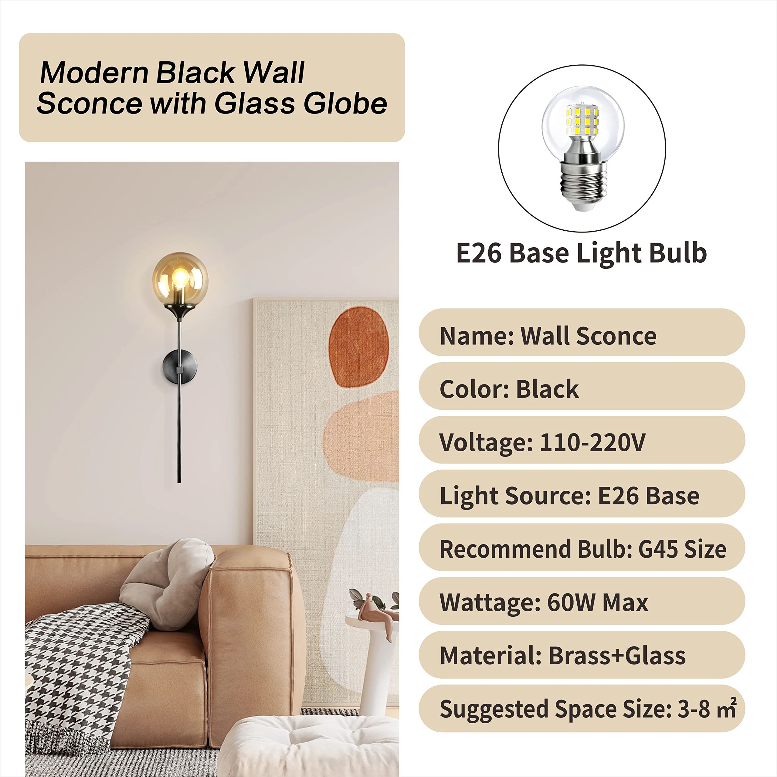 Lighting Modern Smoke Grey Glass Globe Black Matte Slim Wall Sconce Light with Long Arm Vintage Industrial Wall Sconce for Hallway, Stairs, Bathroom Mirror