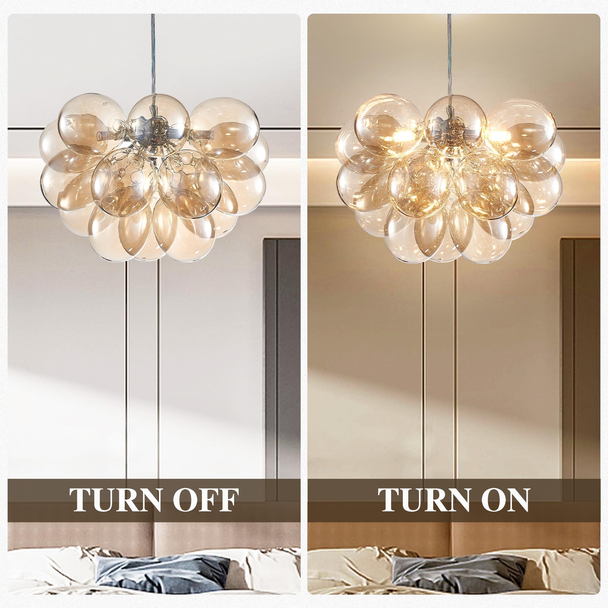 Semi Flush Mount Ceiling Bubble Ball Chandelier Lighting Dia 20 Inch Gold Clear Ribbed Blown Glass Chandeliers Ceiling Medallions Light Fixtures for Bedroom, Living Room, Entry, Bathroom