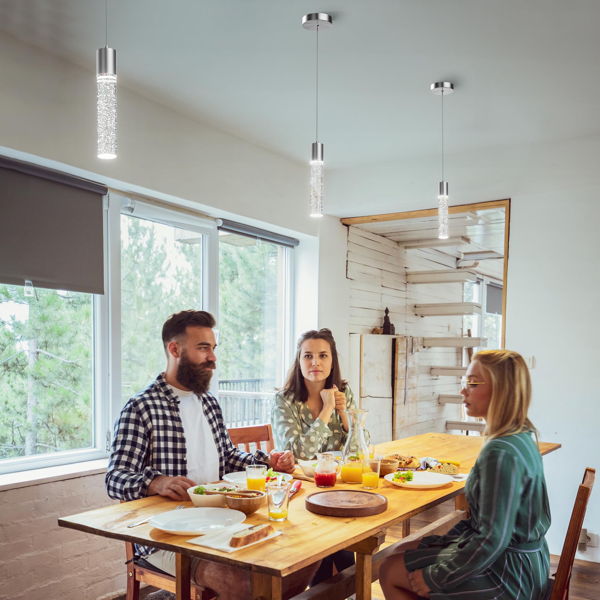 Pendant Lights Kitchen Island 3 Pack, 6500K Modern Kitchen Island Lights Ceiling Lighting Fixtures with Crystal Bubble, Integrated LED Cold White Hanging Light Dining Room Light