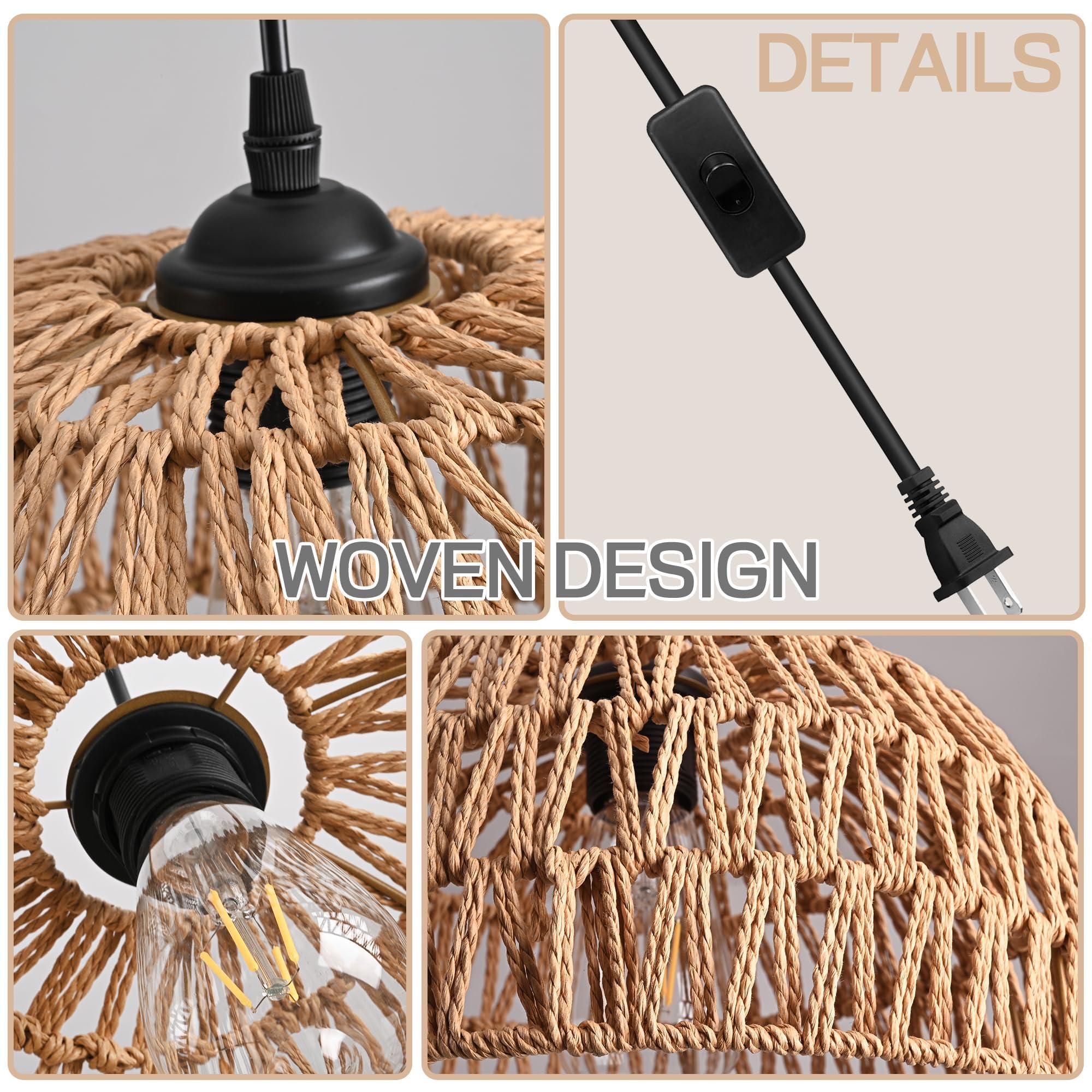 Mini Hemp Rope Woven Pendant Light Woven Light Fixture Boho Chandelier Light Fixture Wicker Pendant Light Rattan Light Pendant Dome Wicker Chandelier for Bedroom Kitchen Island(Bulb Incl.)