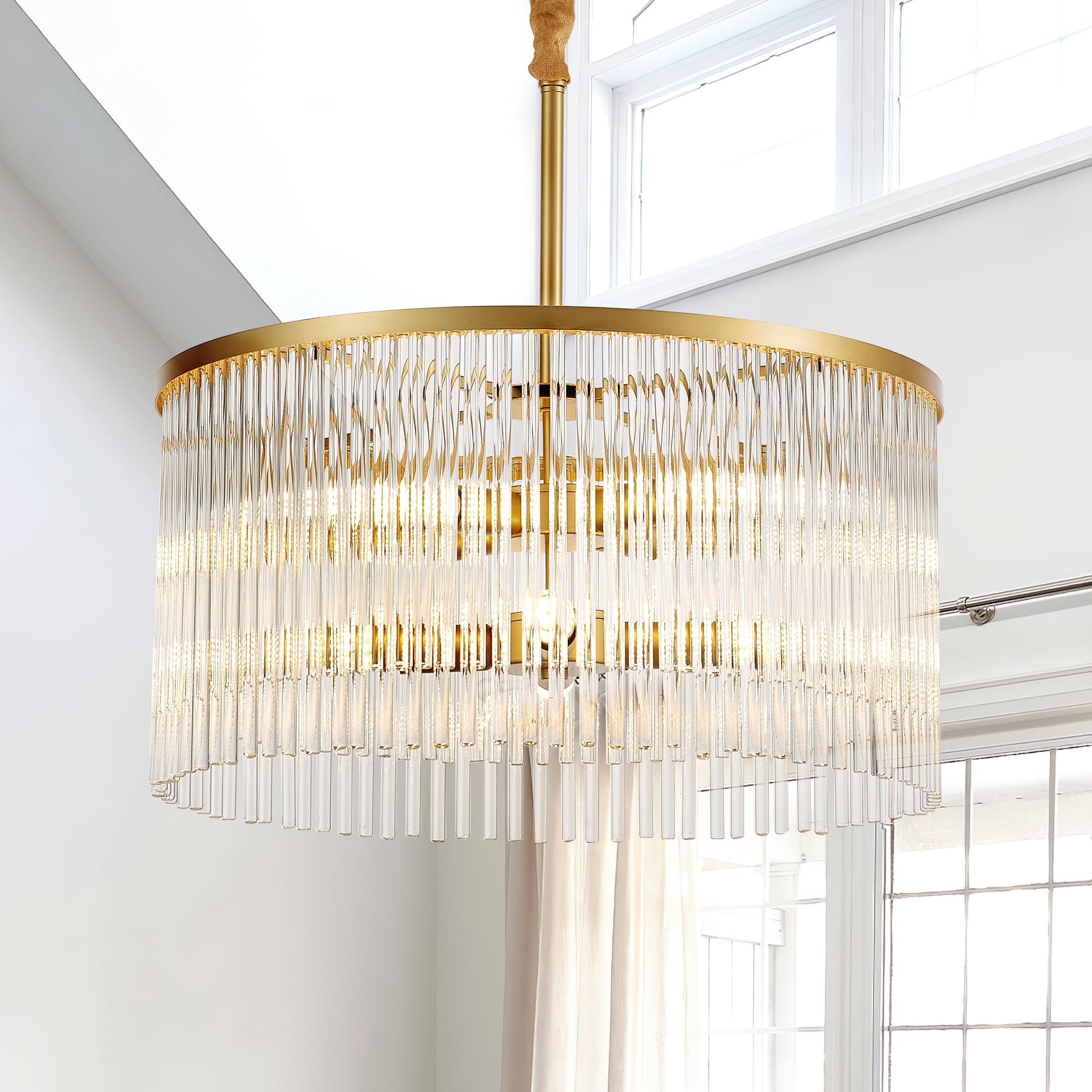 20.47" Round Glass Chandeliers Dining Room Gold Modern Glass Chandelier 8-Lights for Living Room Kitchen Island Entryway Foyer Stairway UL Listed Drum Light Fixture with Crystals