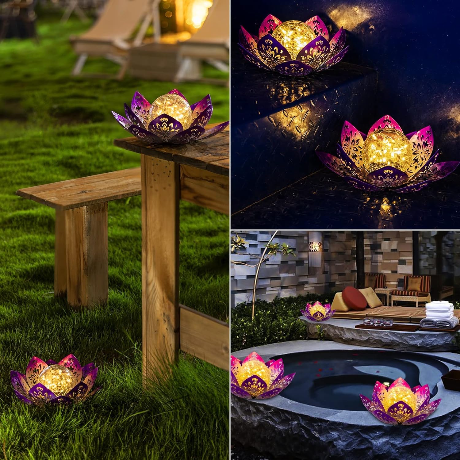 Solar Light Outdoor Waterproof Garden Light Metal Glass Decorative LED Lotus Flower Table Lamp