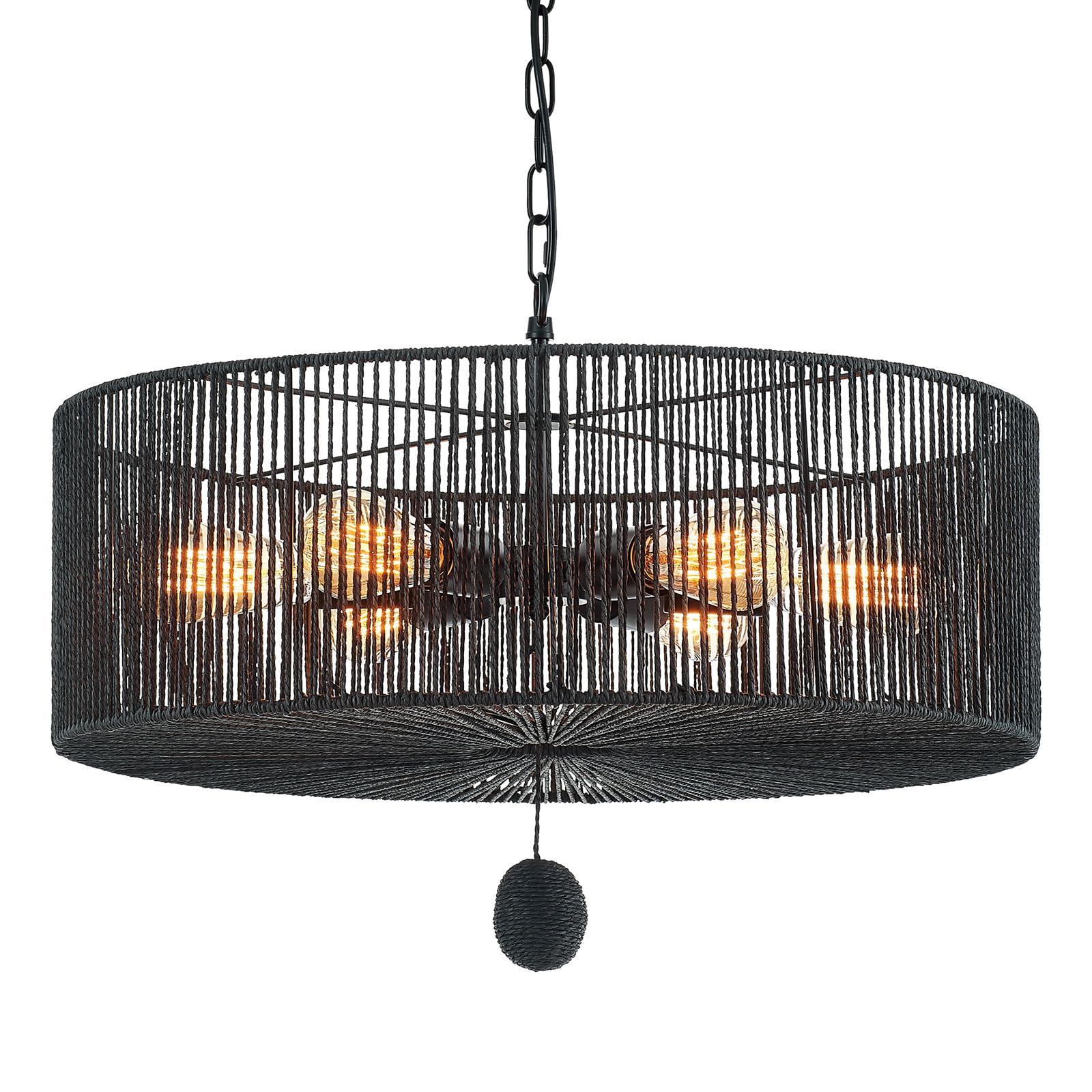 Hand-Woven Rattan Chandelier Vintage Farmhouse Boho Bamboo Chandelier Light Fixture Rustic Retro 5-Lights Drum Wicker Rattan Black Chandelier for Dining Room, Kitchen, Living Room, E12