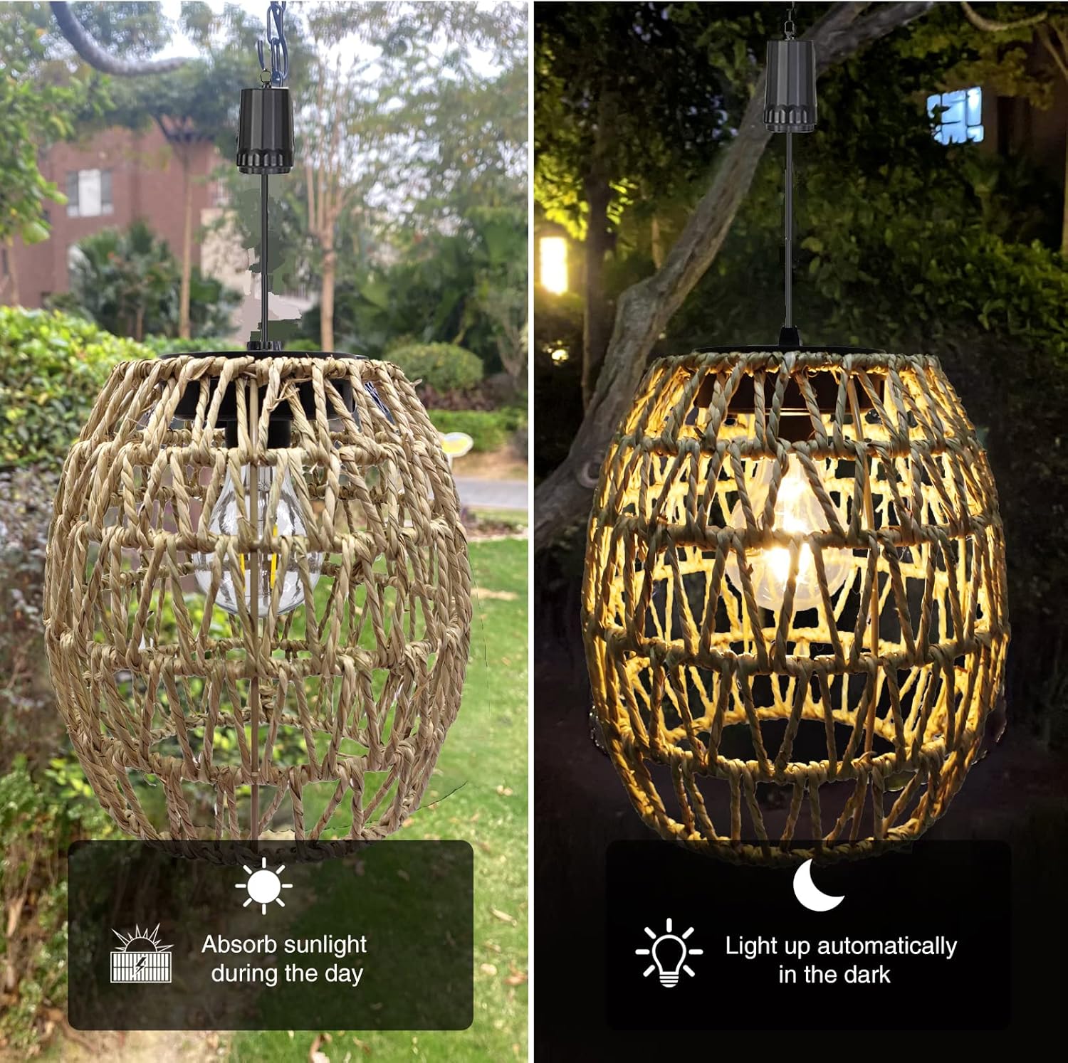 Battery Operated Outdoor Hanging Light Seagrass Woven Waterproof Porch Gazebo Patio Pendant Lantern Chandelier Lighting Decorative Hollow-Out Auto On/Off Warm White Bulb